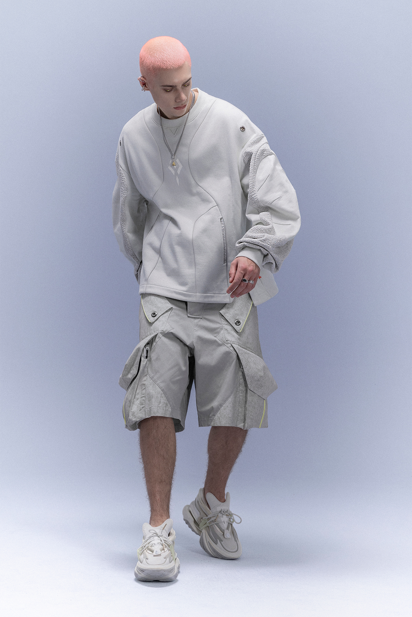 XIPHEVIL Utility Paneled Crewneck Sweatshirt White