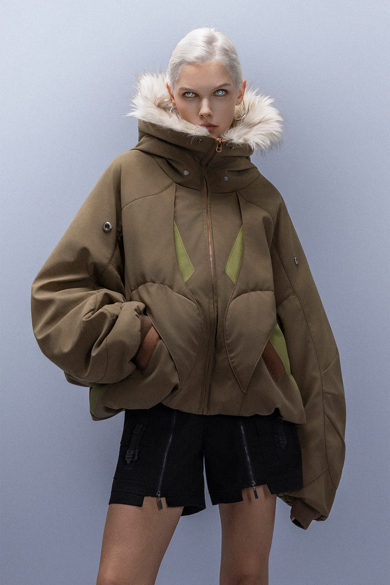 XIPHEVIL Faux Fur Trim Panel Puffer Jacket