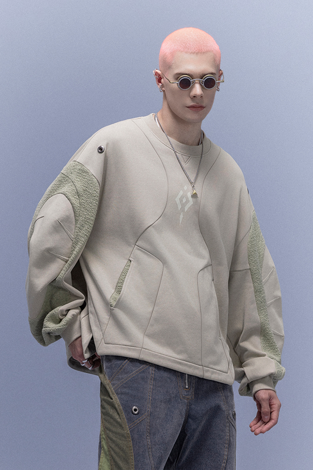 XIPHEVIL Utility Paneled Crewneck Sweatshirt Green