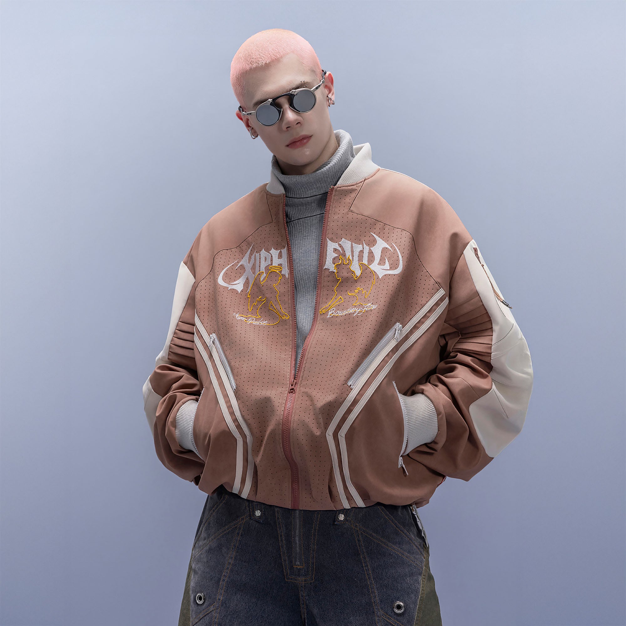 XIPHEVIL Faux Suede Embroidered LOGO Bomber Brown