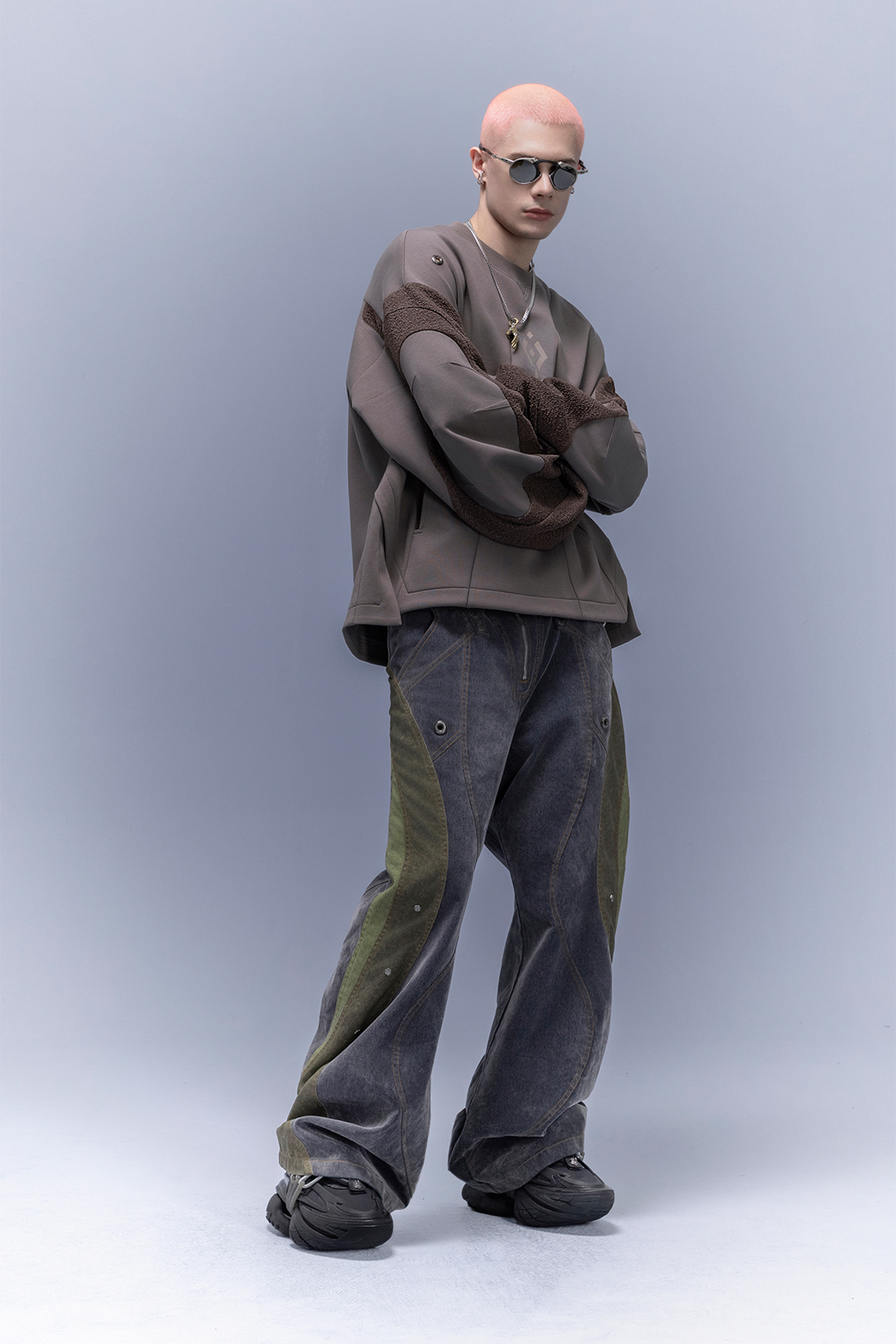 XIPHEVIL Utility Paneled Crewneck Sweatshirt Coffee