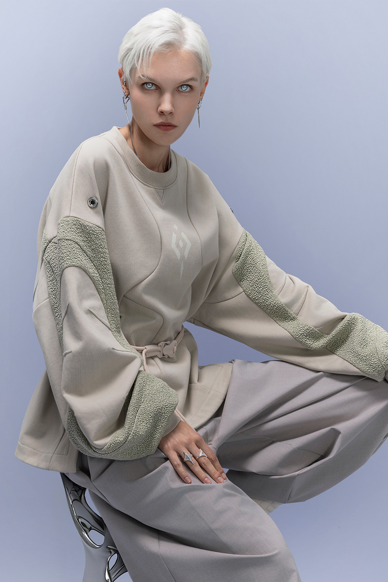 XIPHEVIL Utility Paneled Crewneck Sweatshirt Green