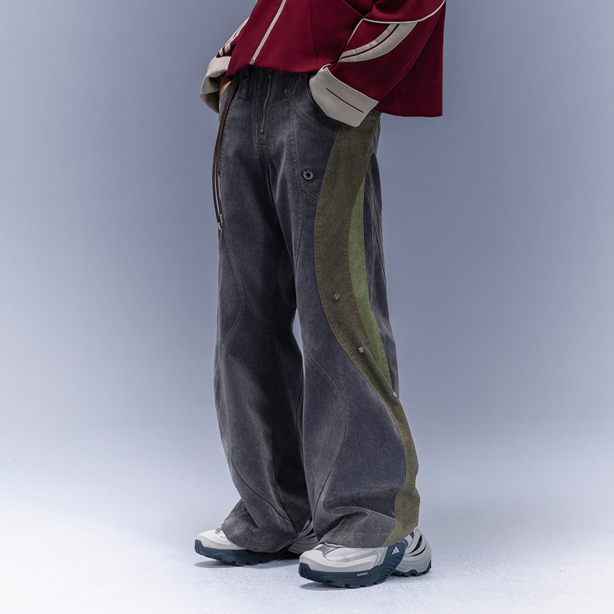 XIPHEVIL Washed Rivet Paneled Wide-Leg Pants