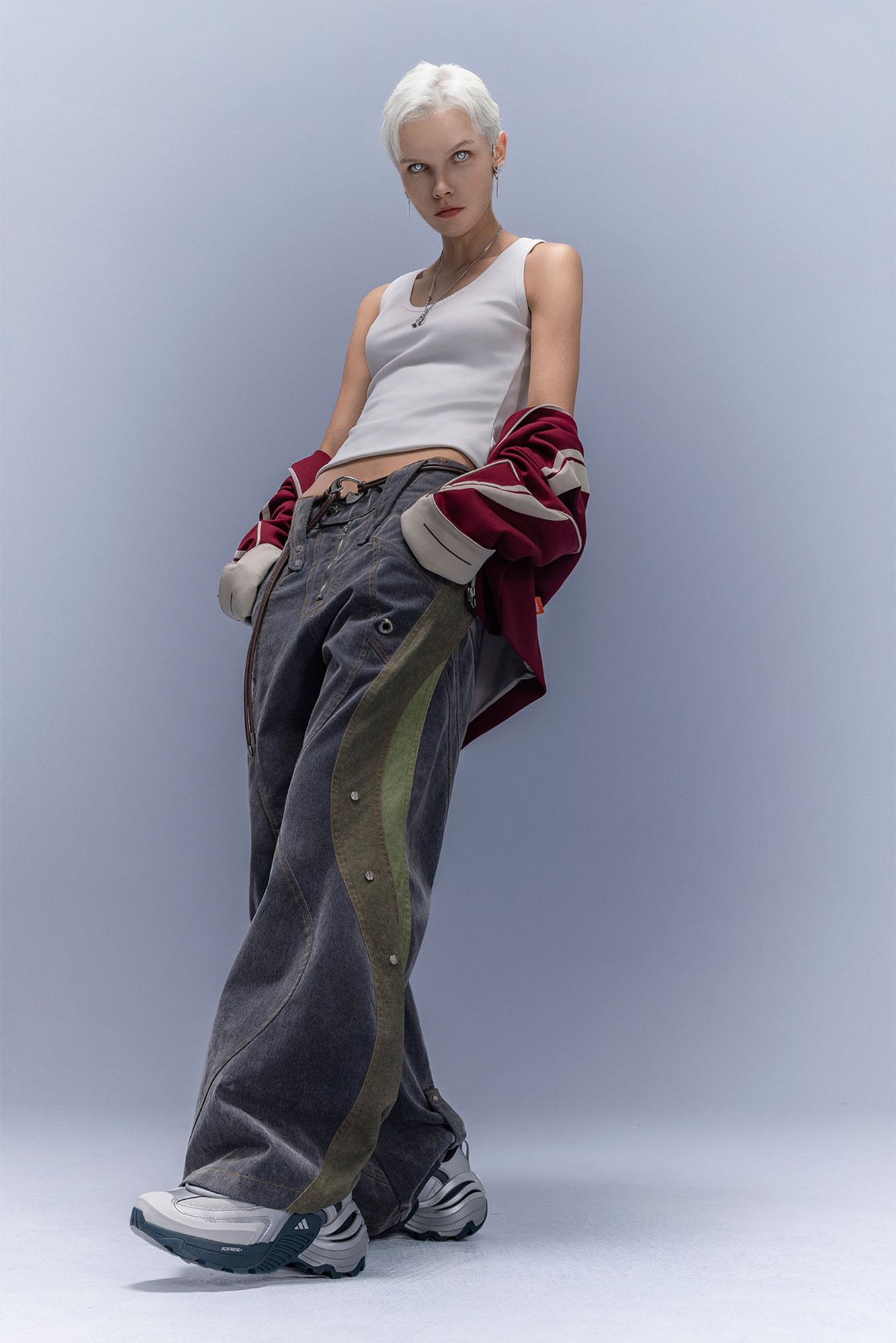 XIPHEVIL Washed Rivet Paneled Wide-Leg Pants