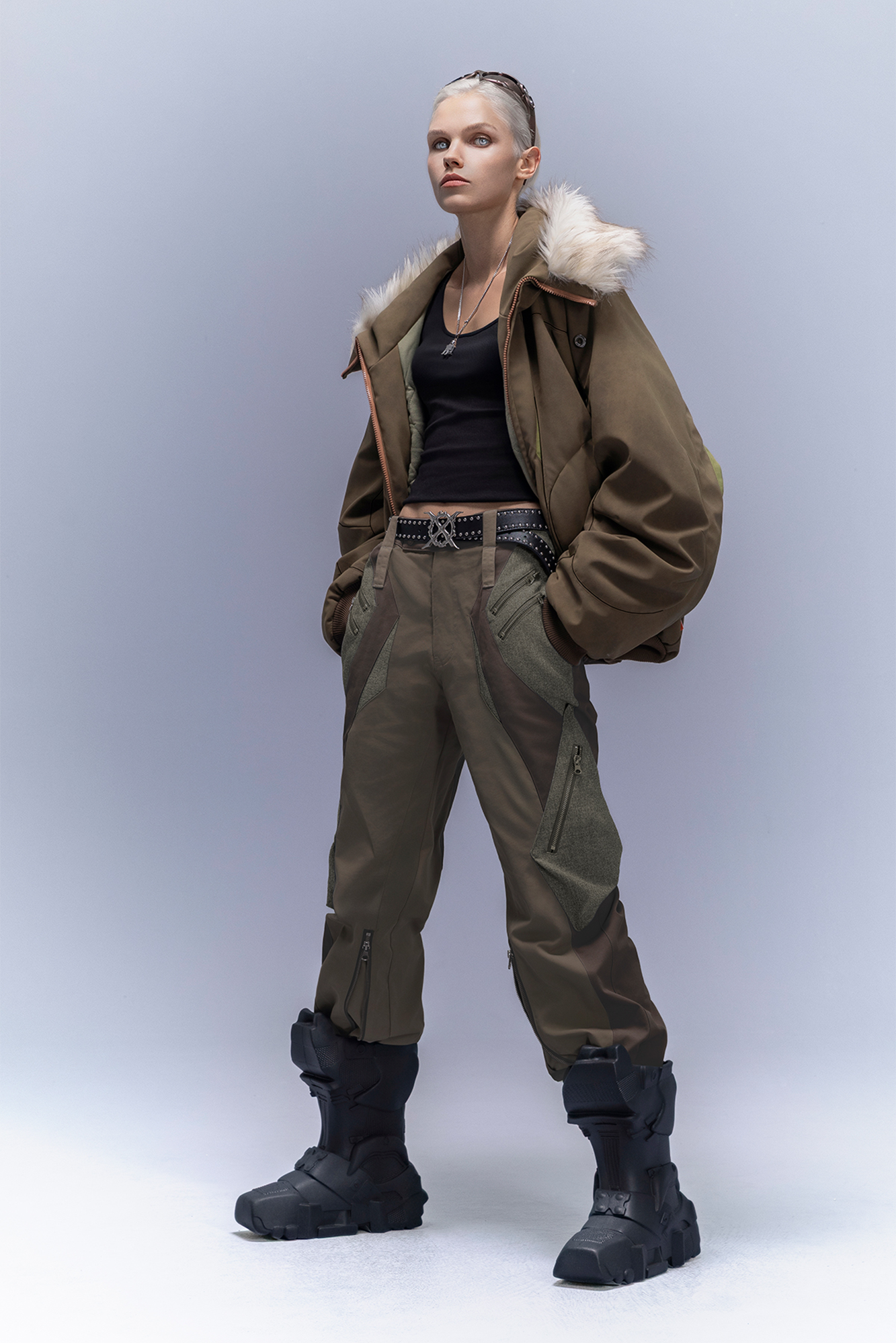 XIPHEVIL Faux Fur Trim Panel Puffer Jacket