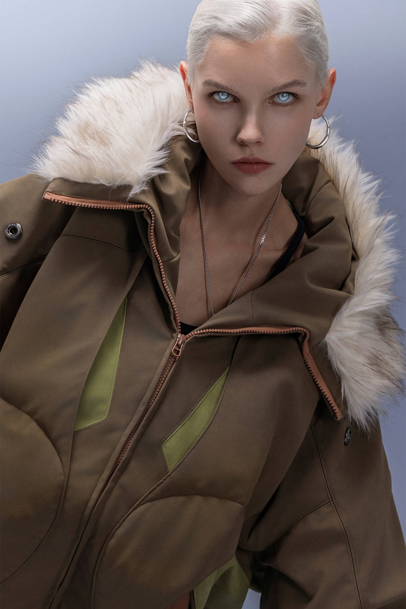 XIPHEVIL Faux Fur Trim Panel Puffer Jacket