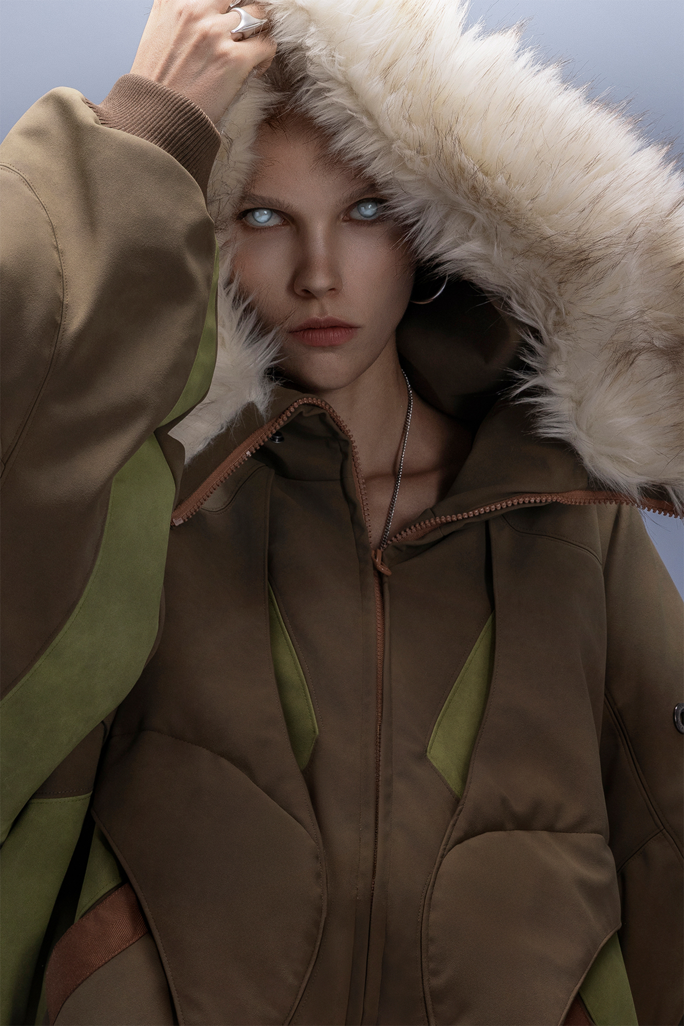 XIPHEVIL Faux Fur Trim Panel Puffer Jacket