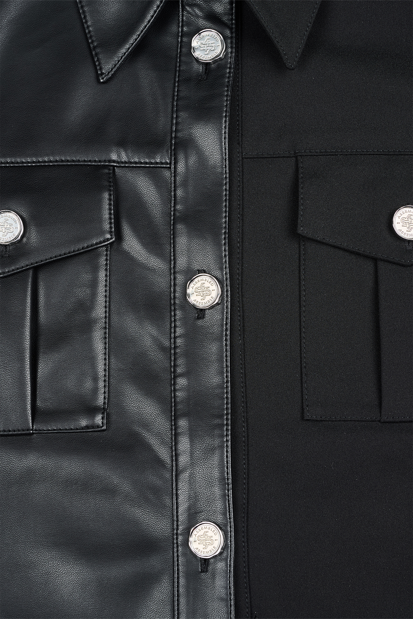 455EMBLE Faux Leather Panelled Epaulette Slim Shirt