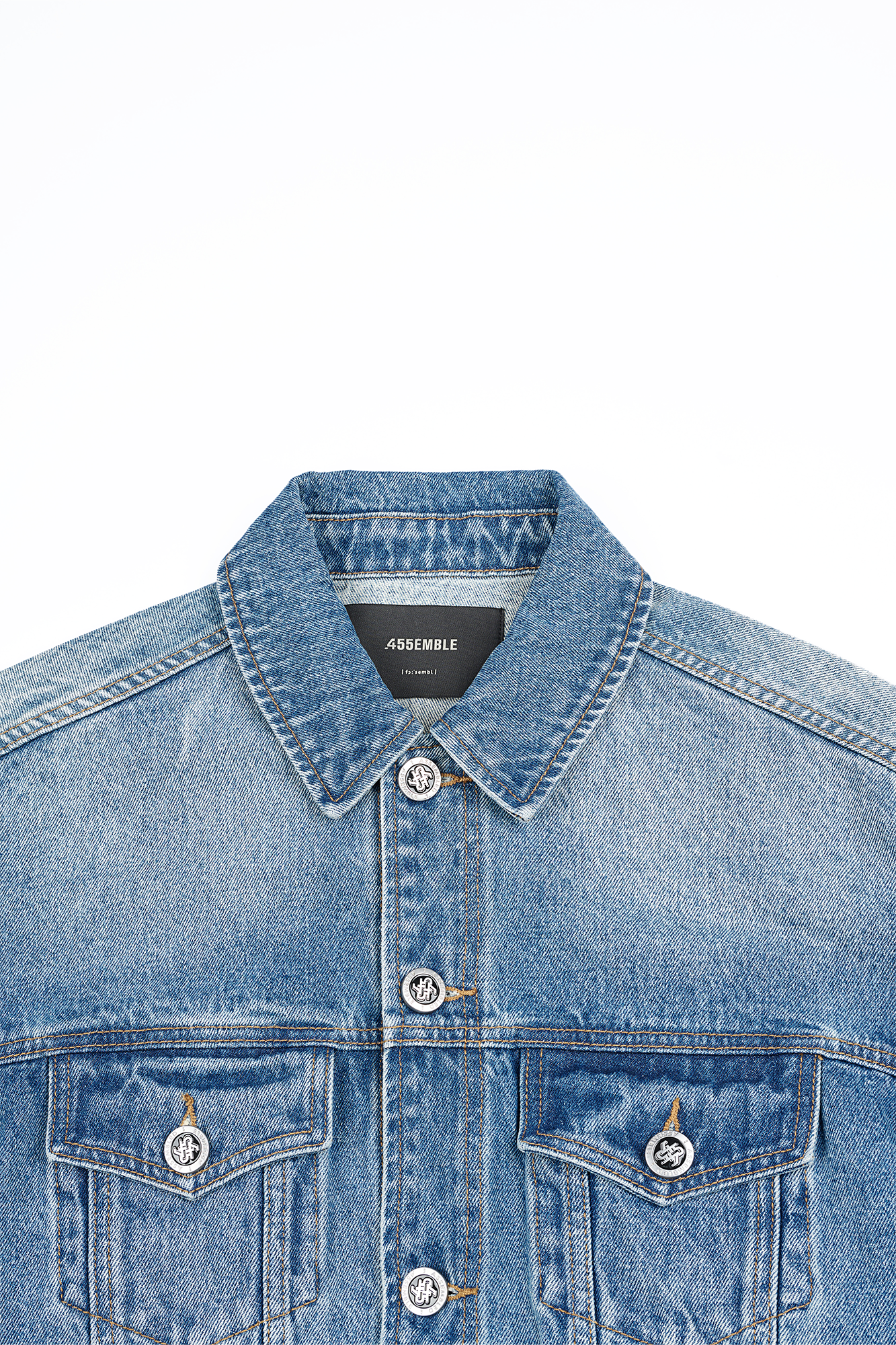 455EMBLE Washed Belted Waist-Cinched Denim Jacket