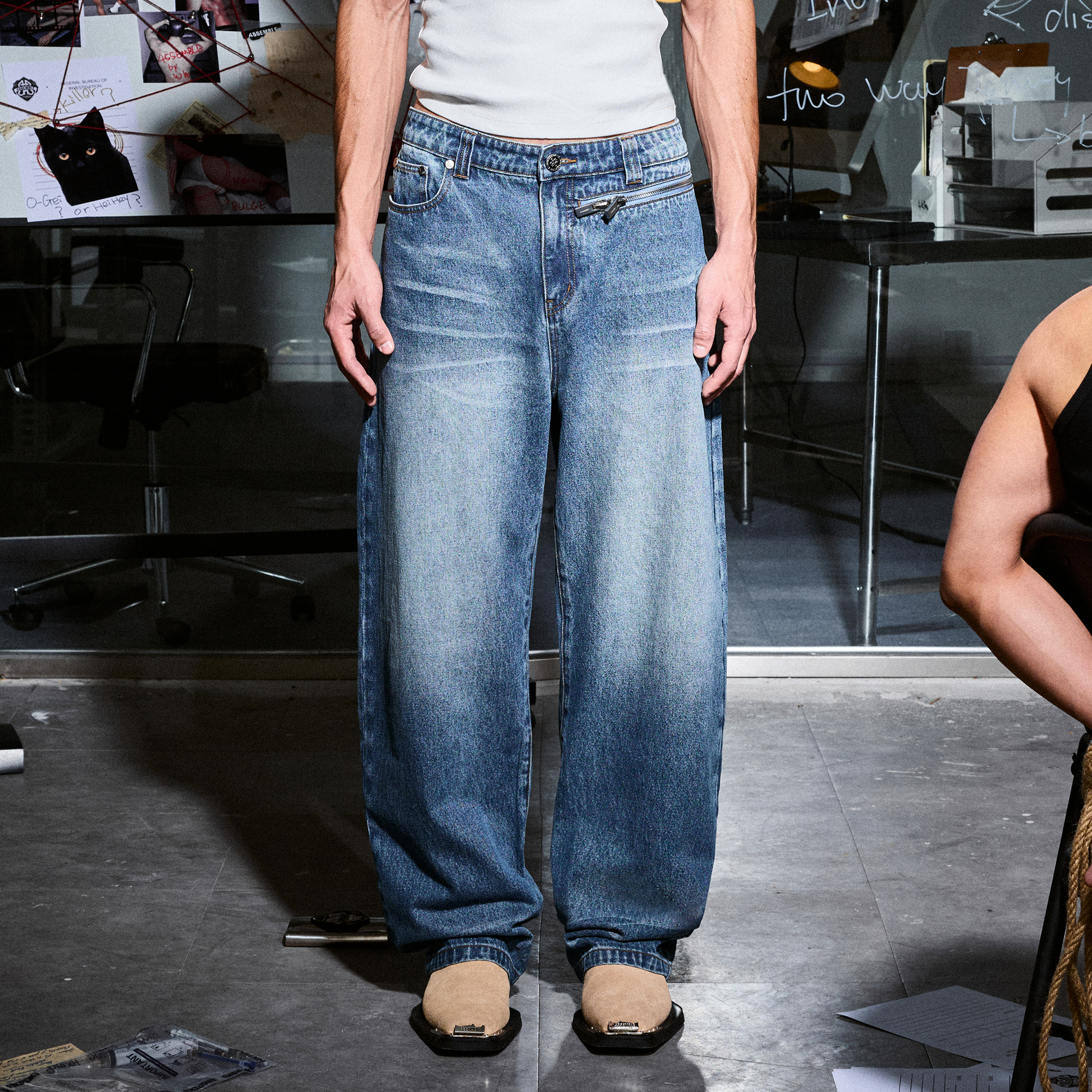 455EMBLE Washed Waist-Zip Wide-Leg Jeans