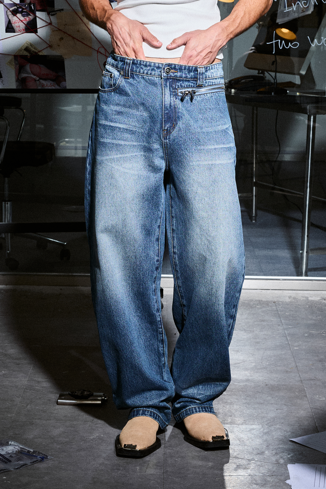 455EMBLE Washed Waist-Zip Wide-Leg Jeans