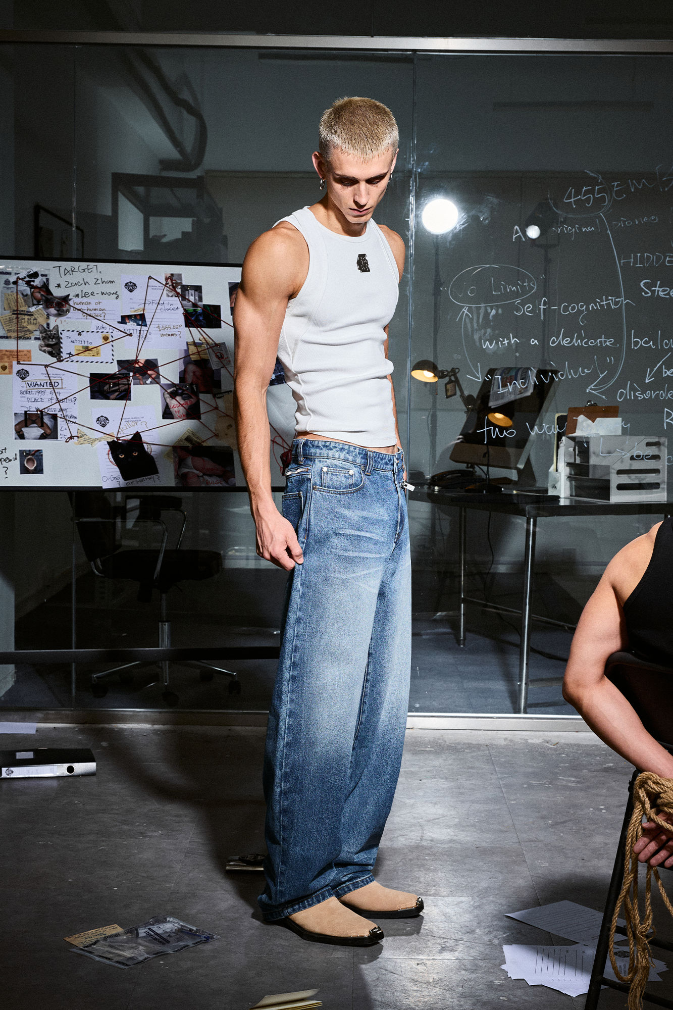 455EMBLE Washed Waist-Zip Wide-Leg Jeans