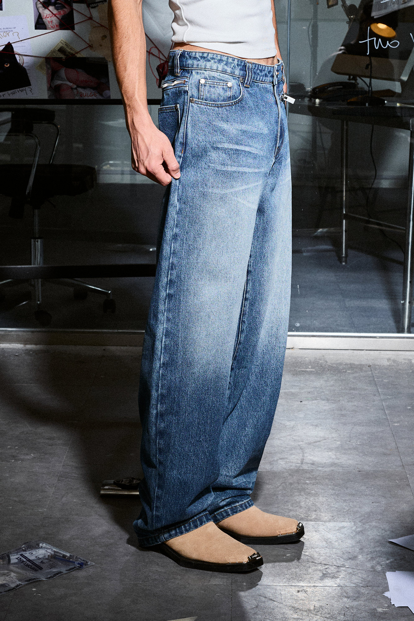 455EMBLE Washed Waist-Zip Wide-Leg Jeans