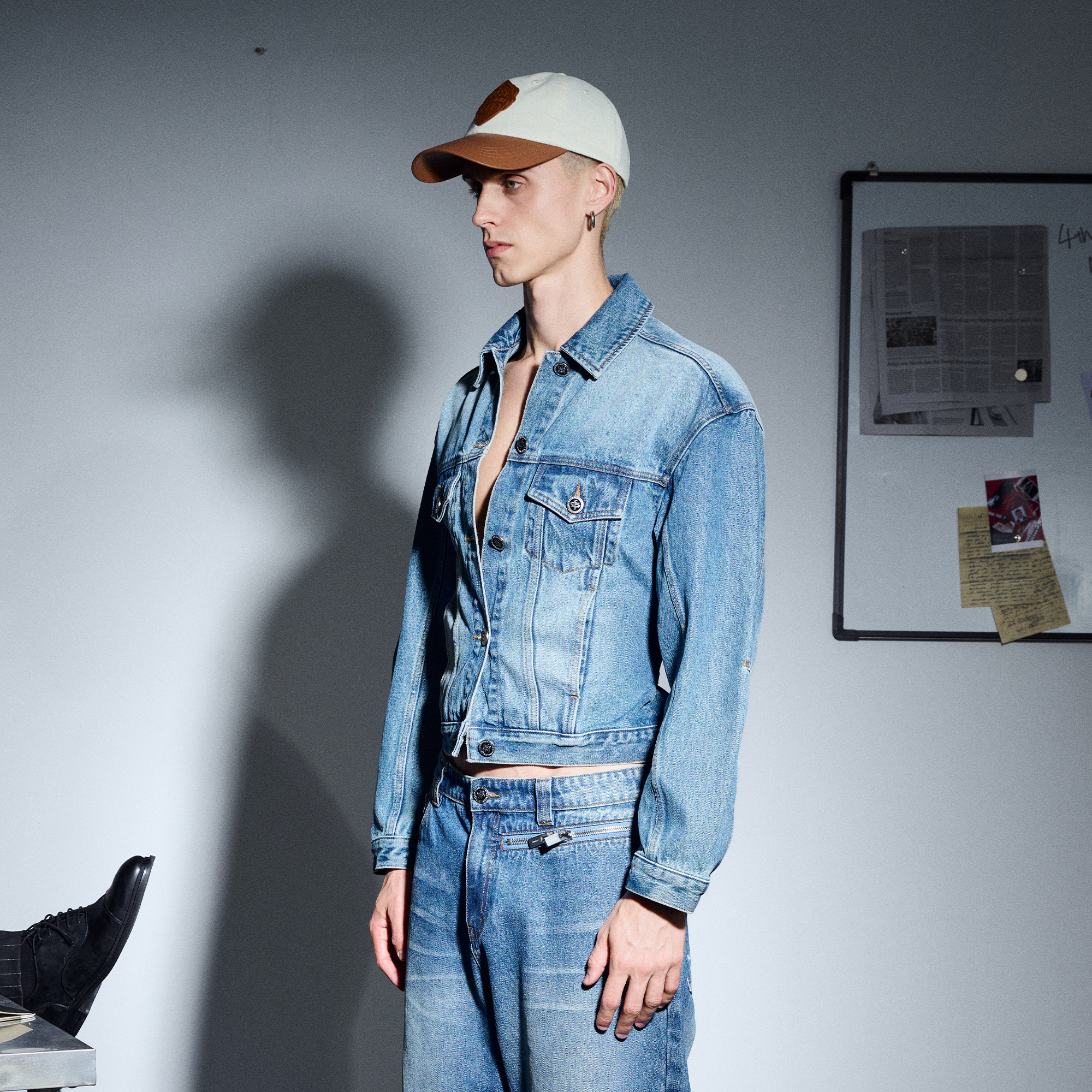 455EMBLE Washed Belted Waist-Cinched Denim Jacket