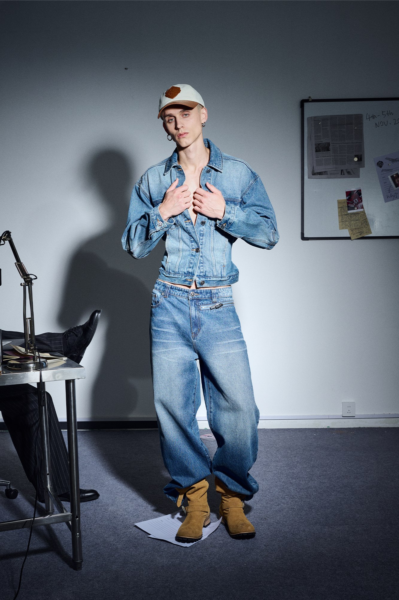 455EMBLE Washed Belted Waist-Cinched Denim Jacket