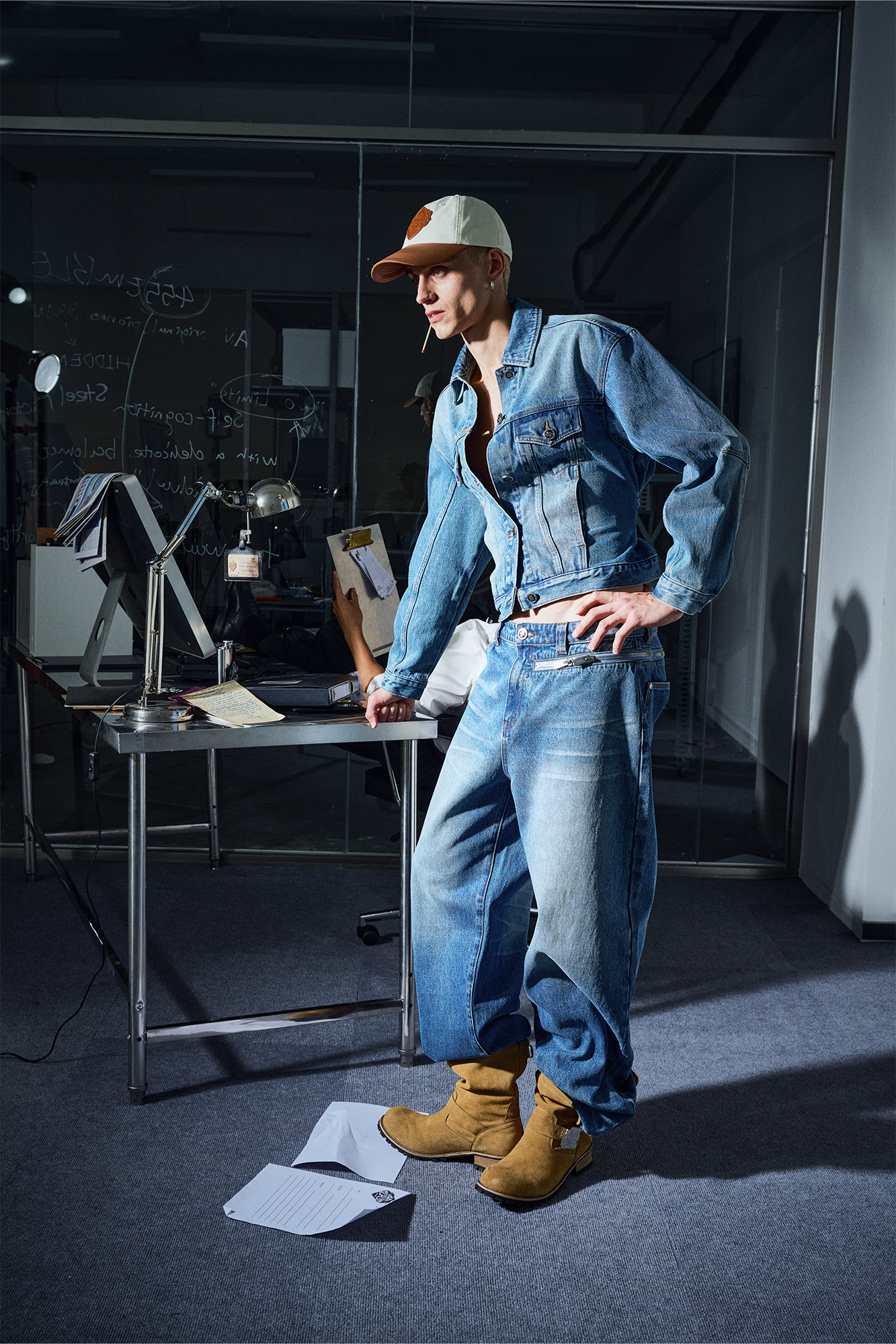 455EMBLE Washed Belted Waist-Cinched Denim Jacket