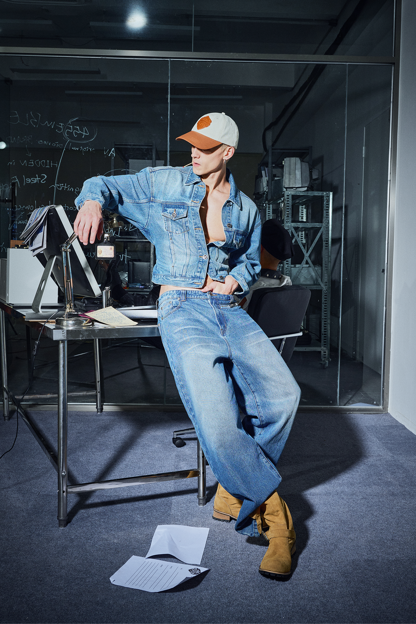 455EMBLE Washed Belted Waist-Cinched Denim Jacket