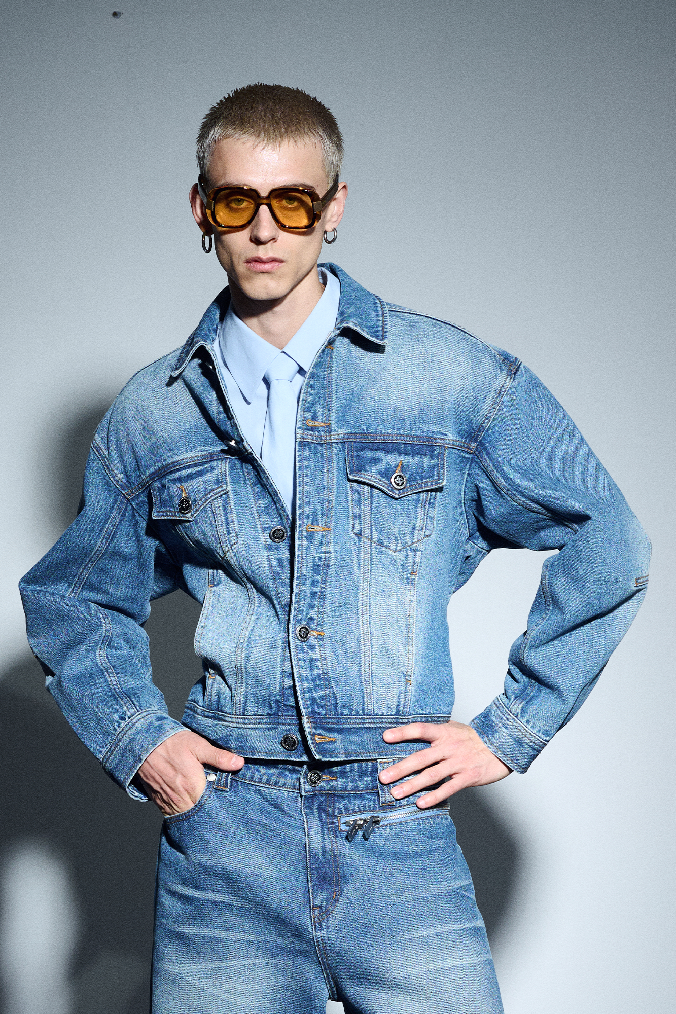 455EMBLE Washed Belted Waist-Cinched Denim Jacket