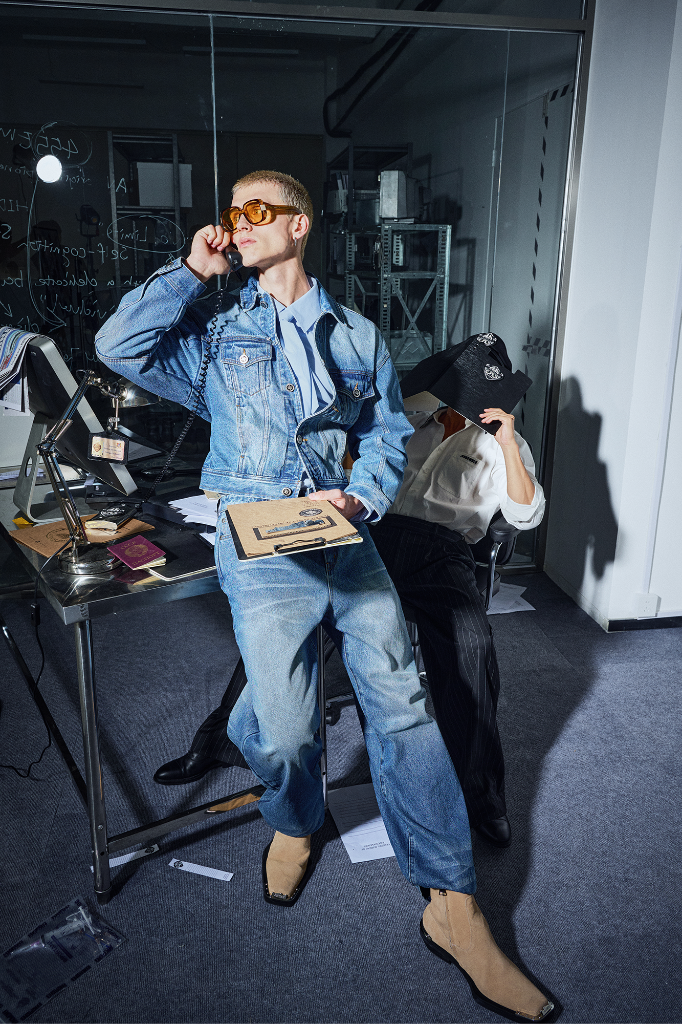 455EMBLE Washed Belted Waist-Cinched Denim Jacket