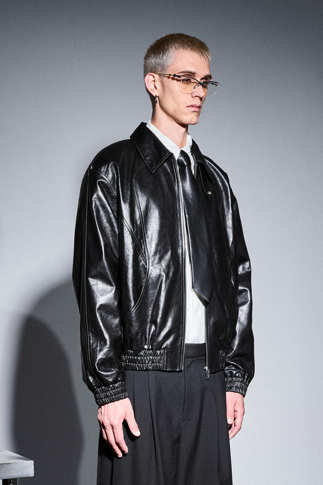 455EMBLE Glossy Leather Paneled Bomber Jacket