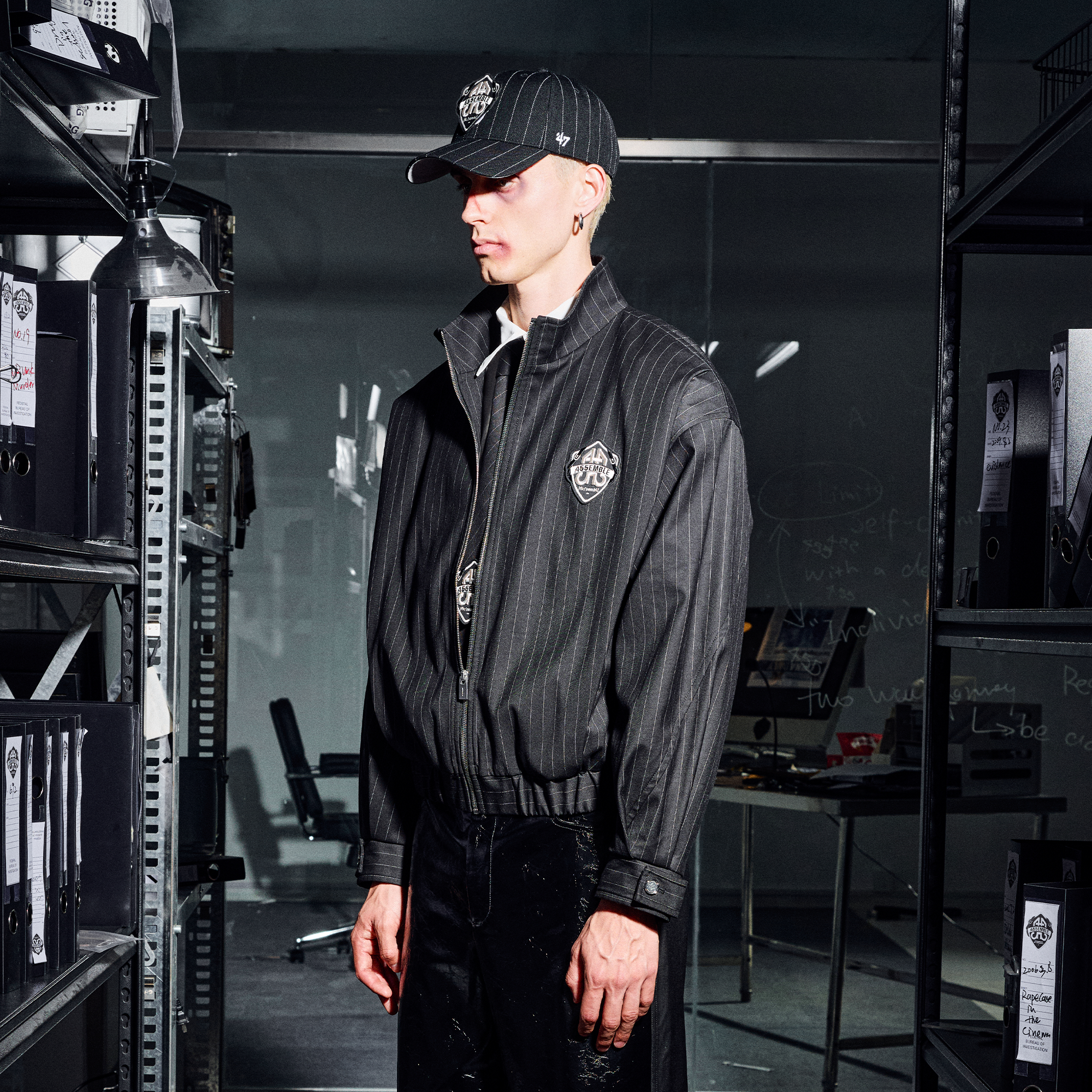 455EMBLE Pinstripe Badge Wool-Blend Blouson Jacket