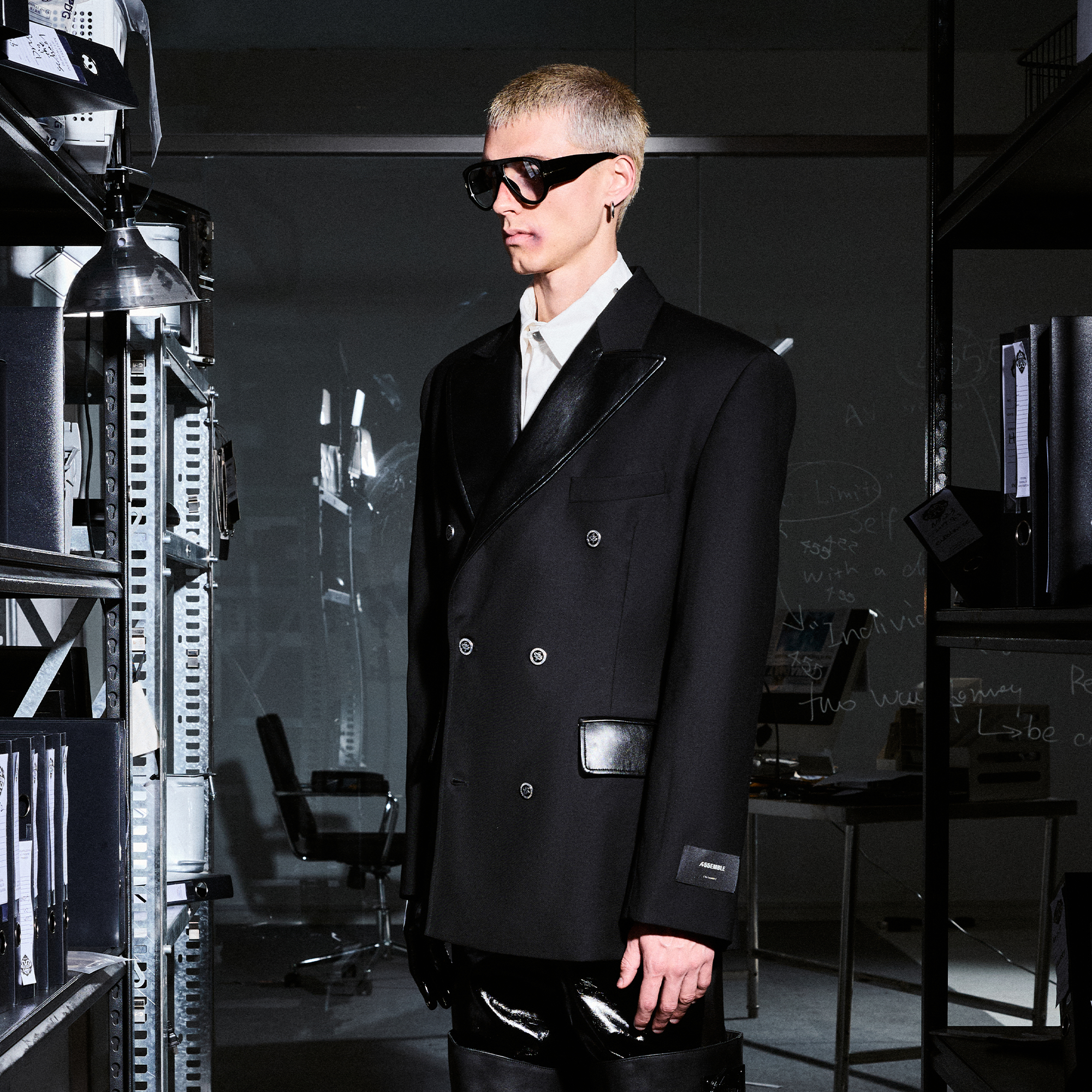 455EMBLE Paneled PU Lapel Waist-Cinched Blazer