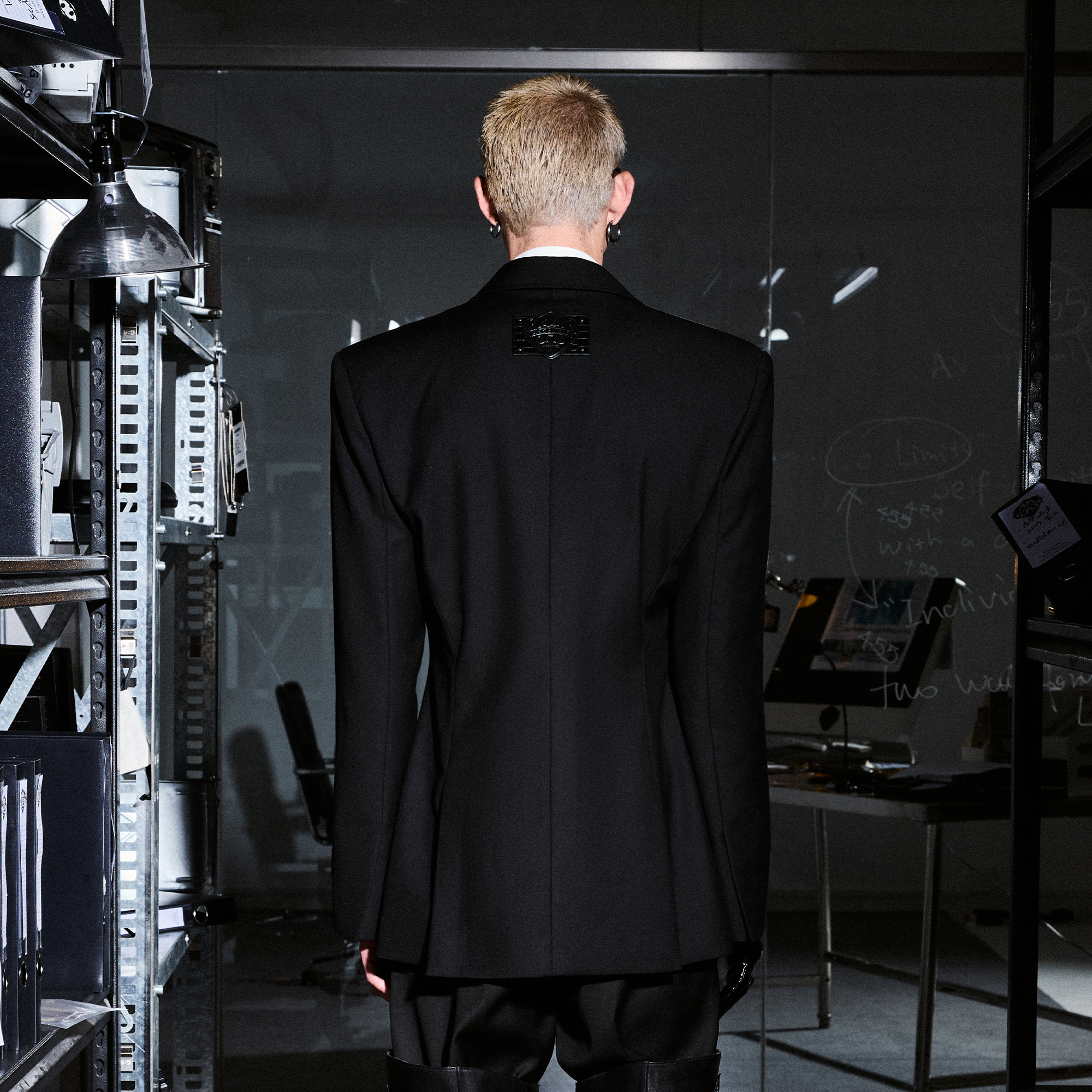 455EMBLE Paneled PU Lapel Waist-Cinched Blazer