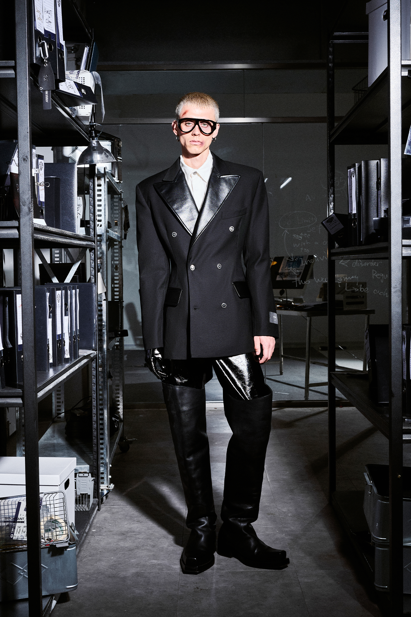 455EMBLE Paneled PU Lapel Waist-Cinched Blazer