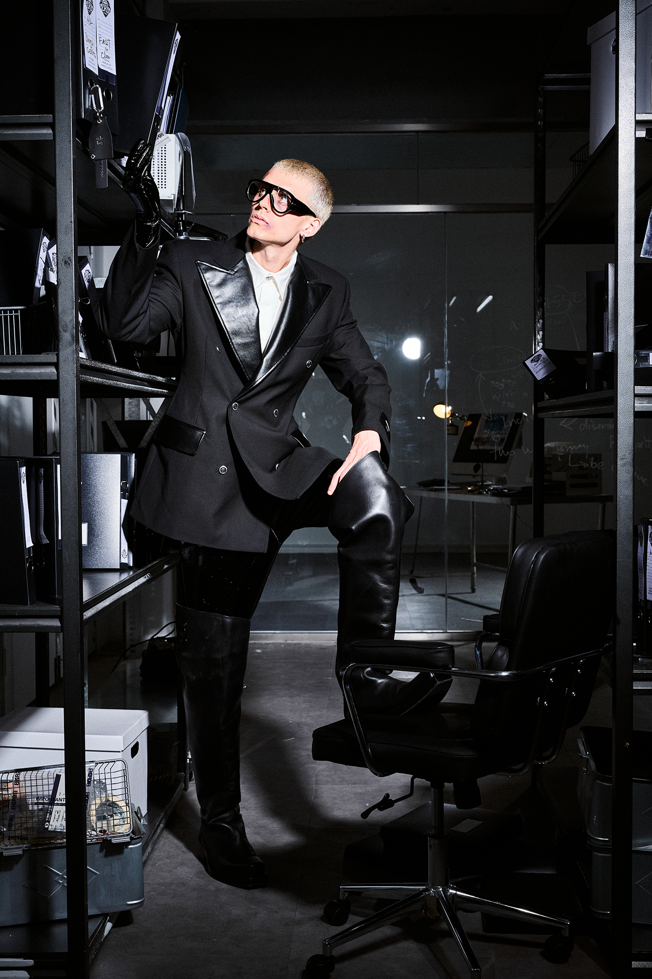 455EMBLE Paneled PU Lapel Waist-Cinched Blazer