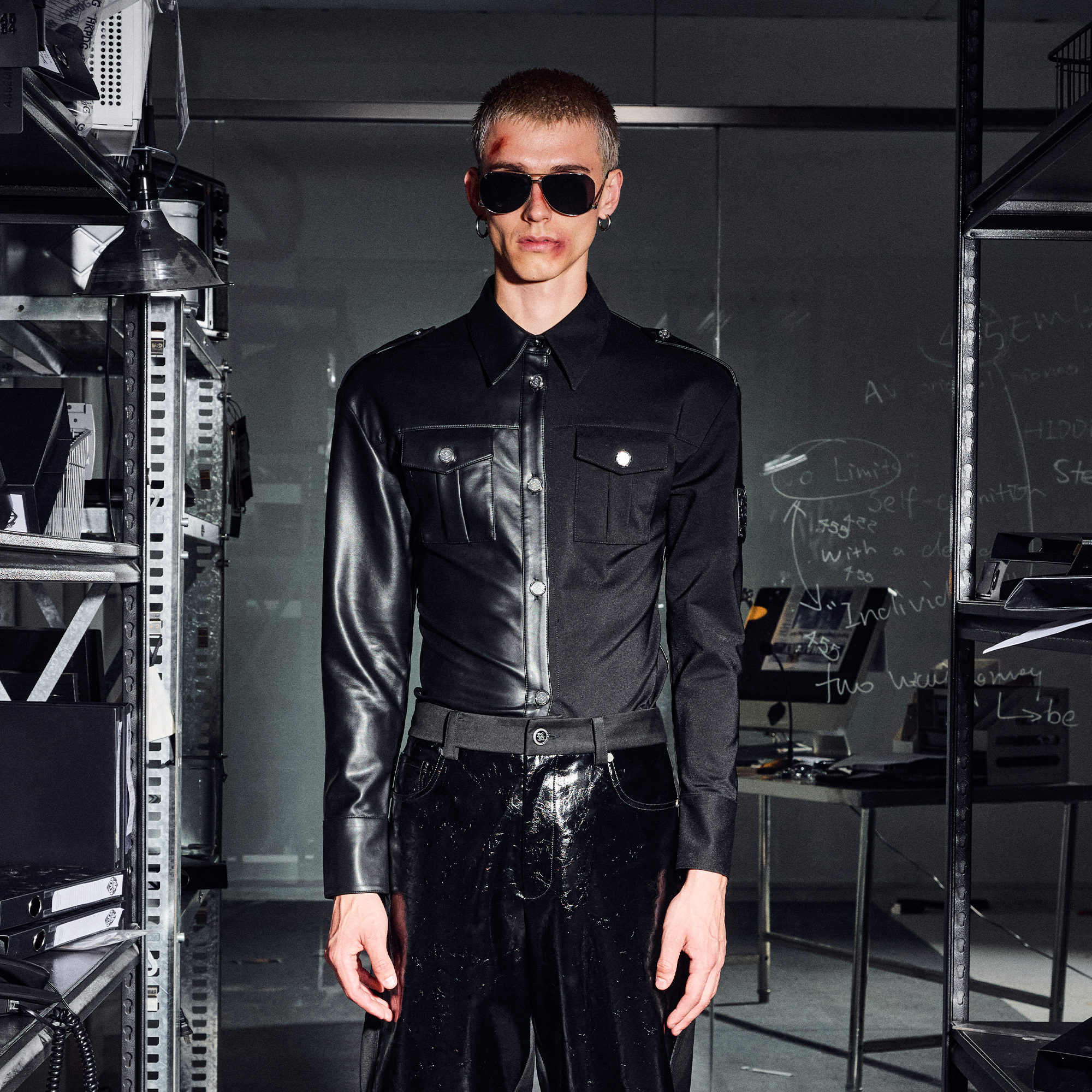 455EMBLE Faux Leather Panelled Epaulette Slim Shirt