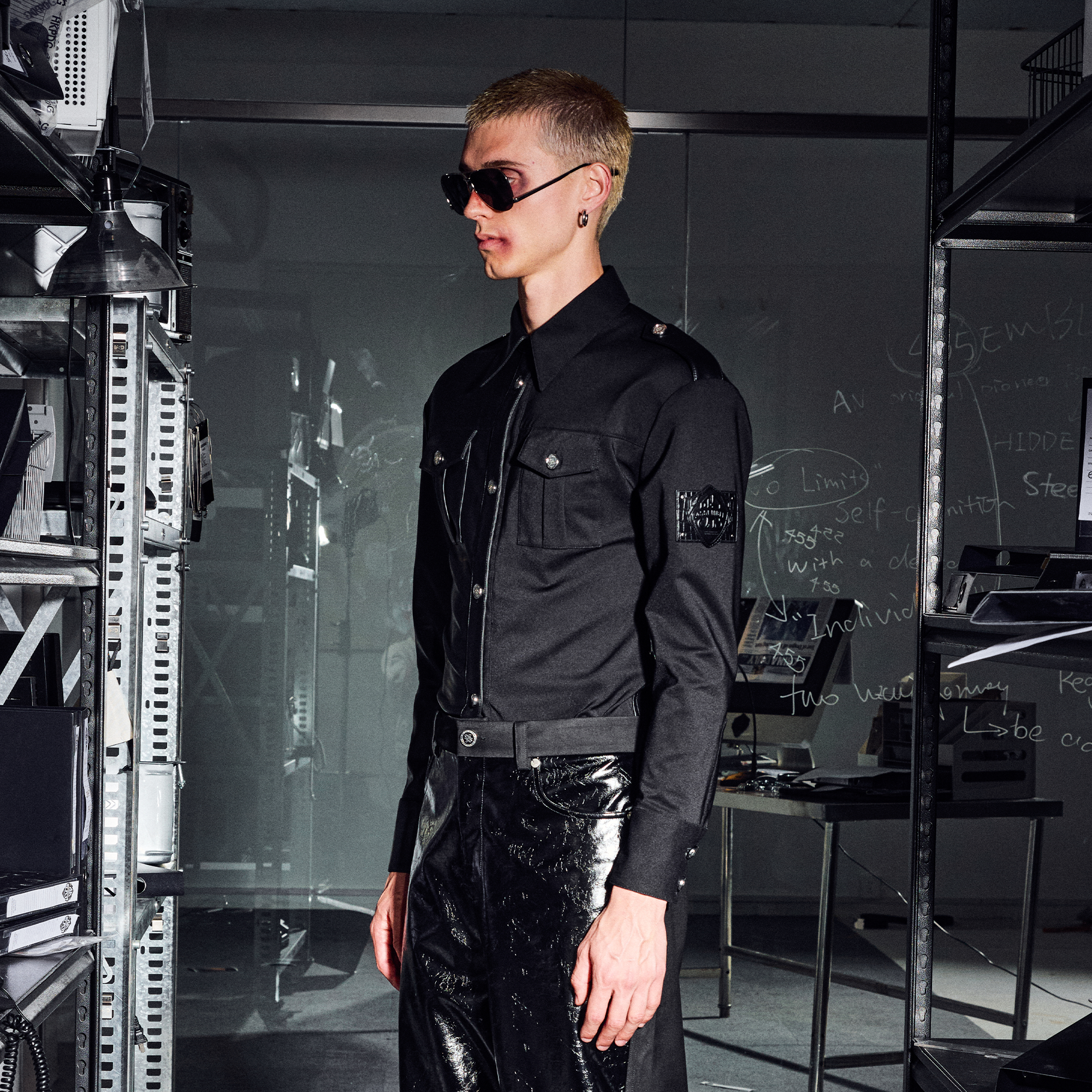 455EMBLE Faux Leather Panelled Epaulette Slim Shirt