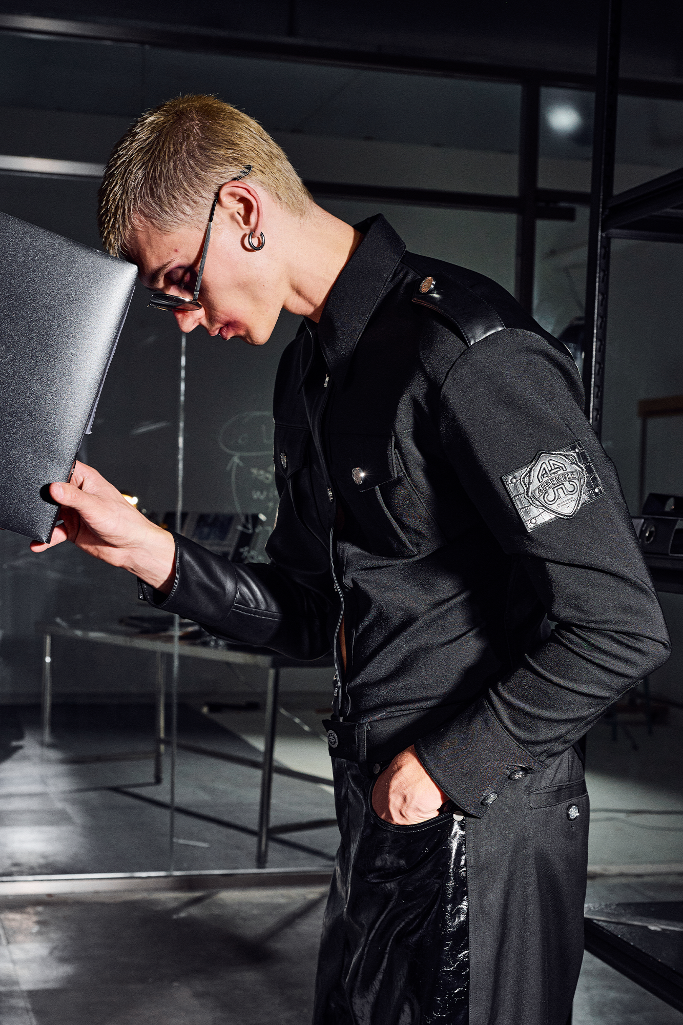 455EMBLE Faux Leather Panelled Epaulette Slim Shirt