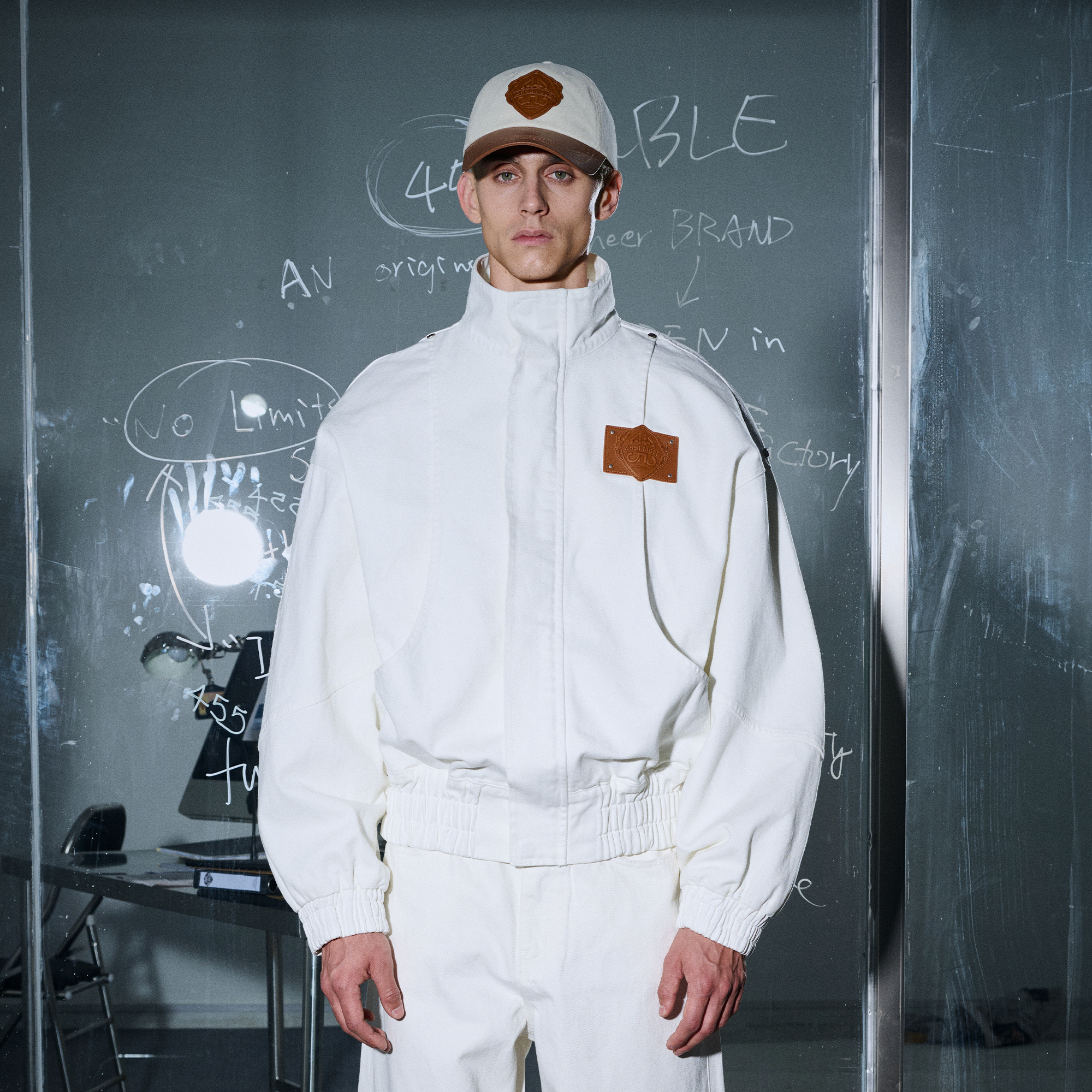 455EMBLE Faux leather Patch LOGO Denim Jacket