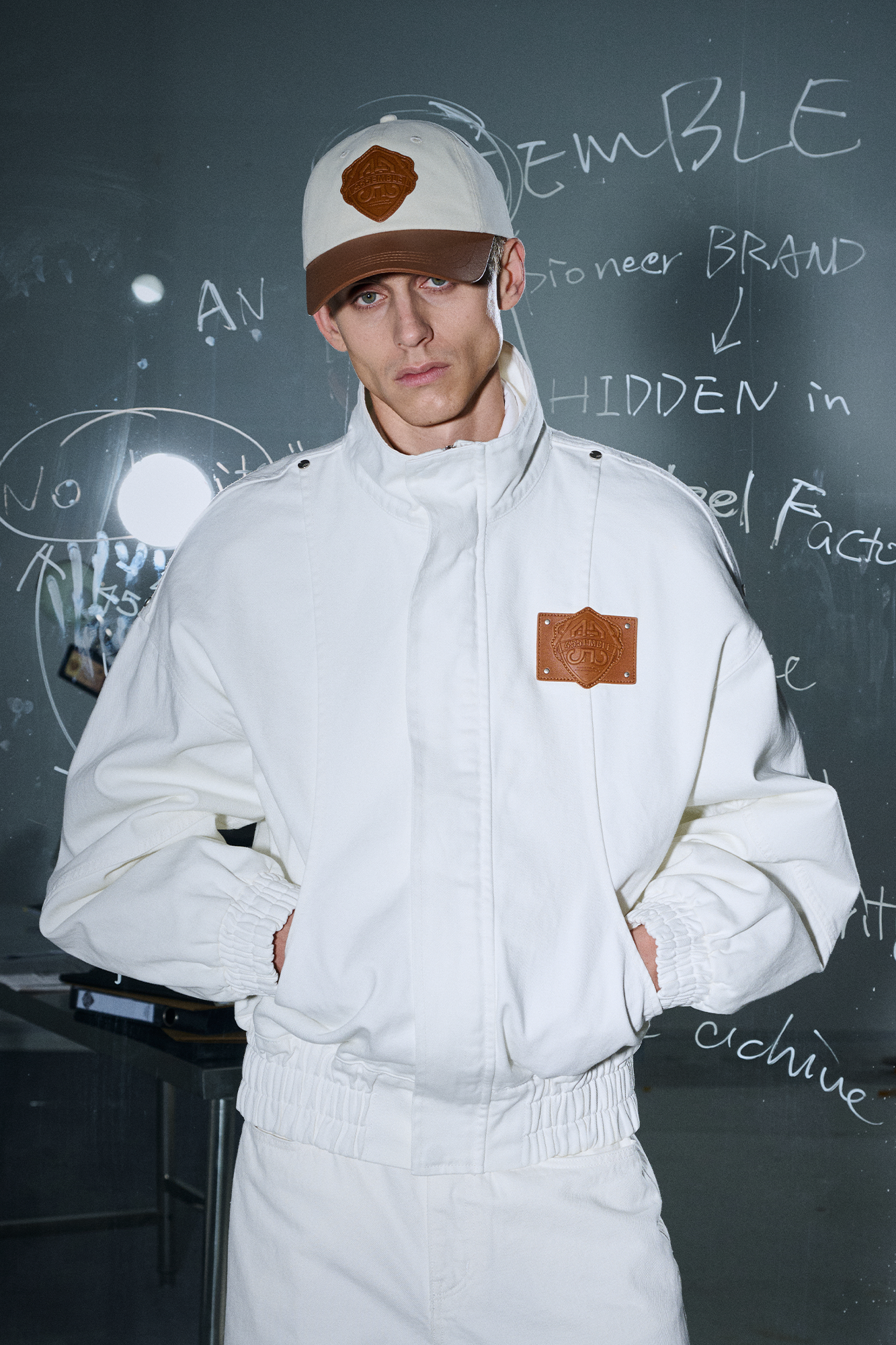 455EMBLE Faux leather Patch LOGO Denim Jacket