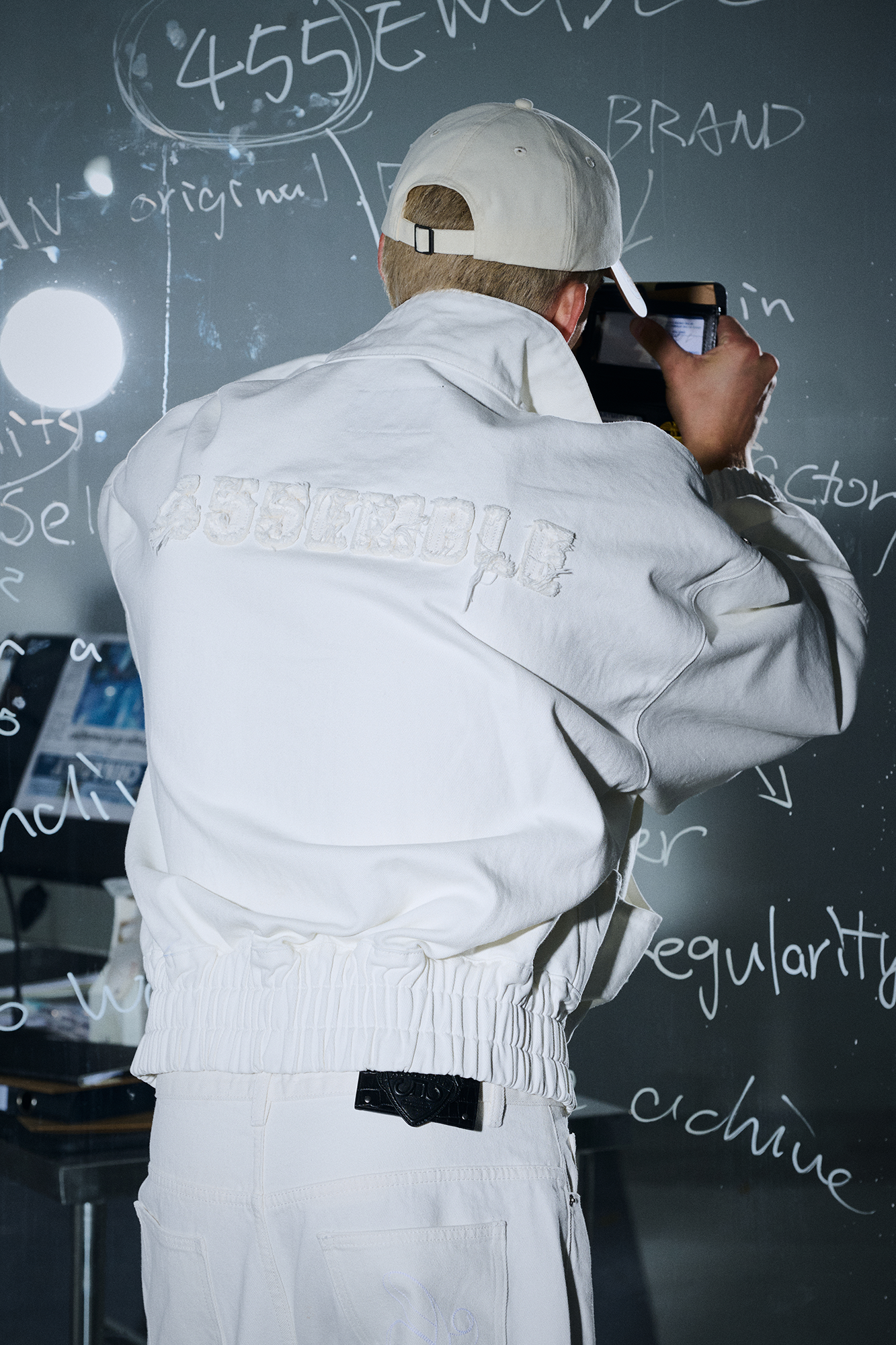 455EMBLE Faux leather Patch LOGO Denim Jacket