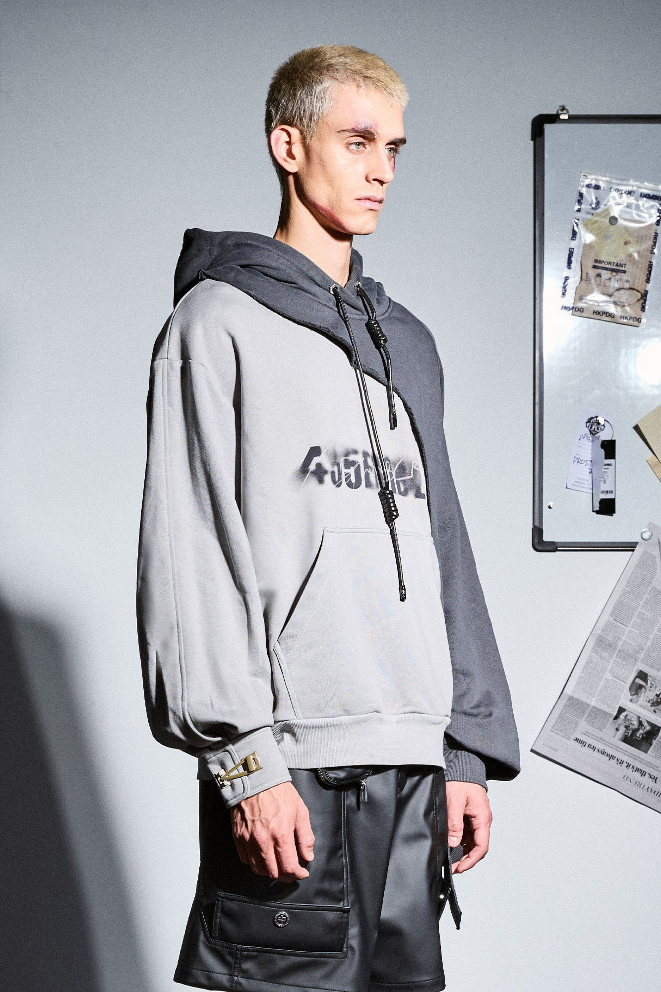 455EMBLE Distressed Spliced Contrast Hoodie