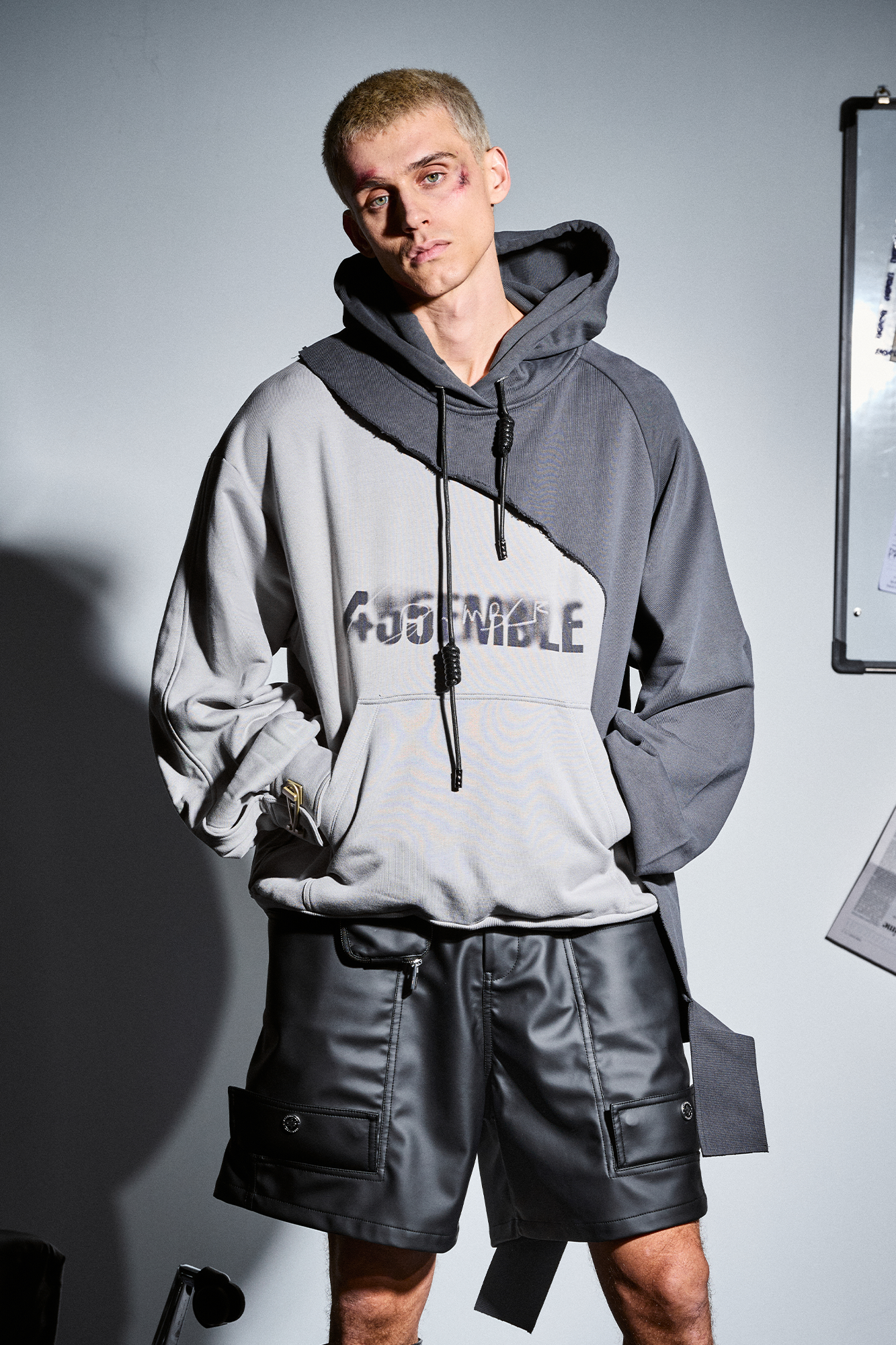 455EMBLE Distressed Spliced Contrast Hoodie