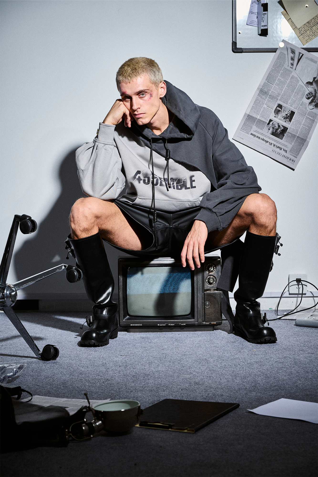 455EMBLE Distressed Spliced Contrast Hoodie