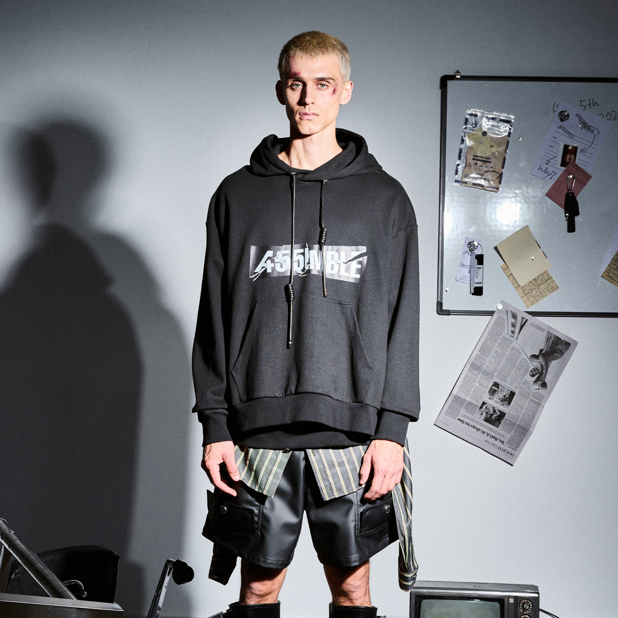 455EMBLE Deconstructed Layered Stripes Shirt-Paneled Hoodie