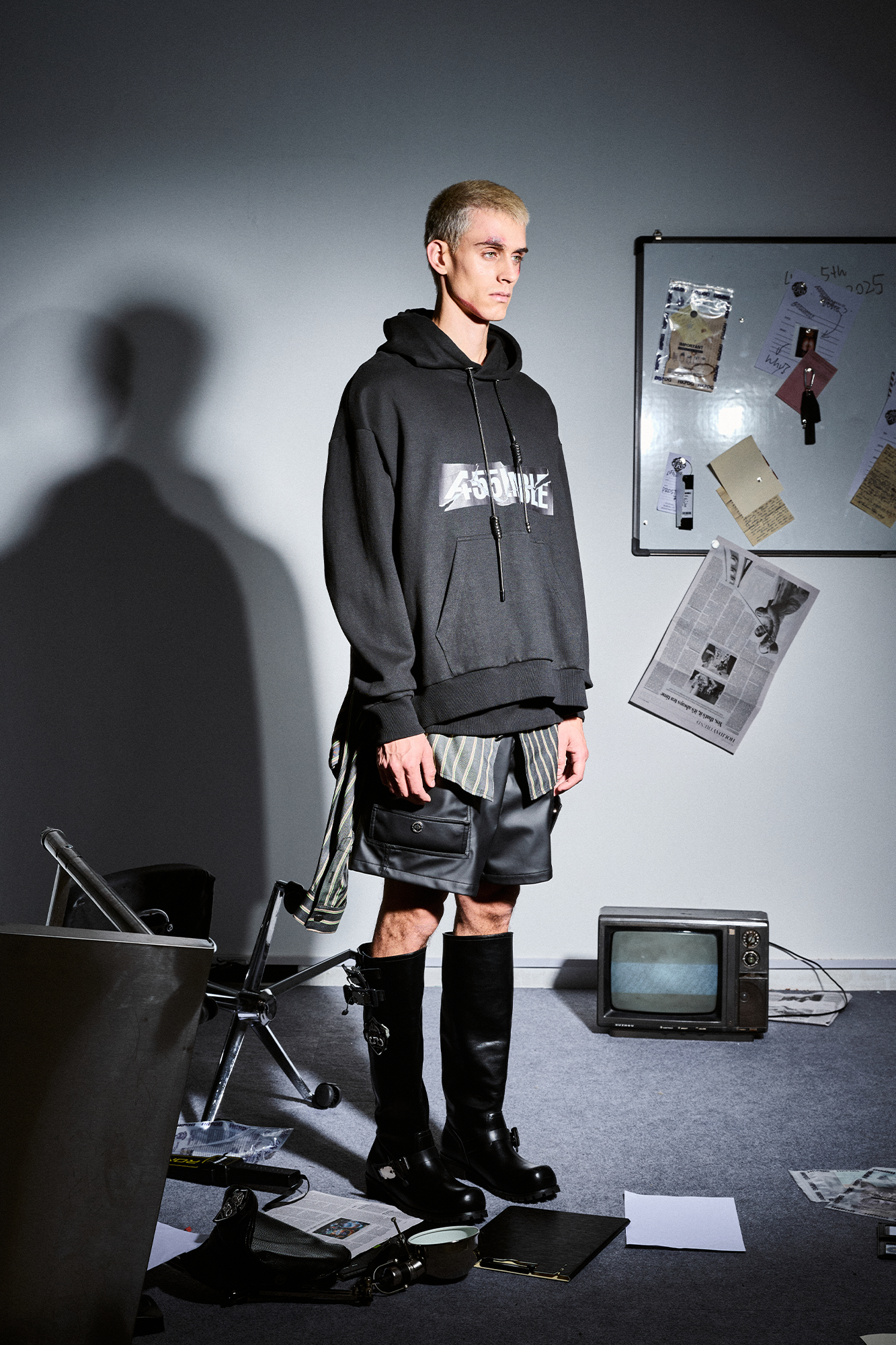 455EMBLE Deconstructed Layered Stripes Shirt-Paneled Hoodie