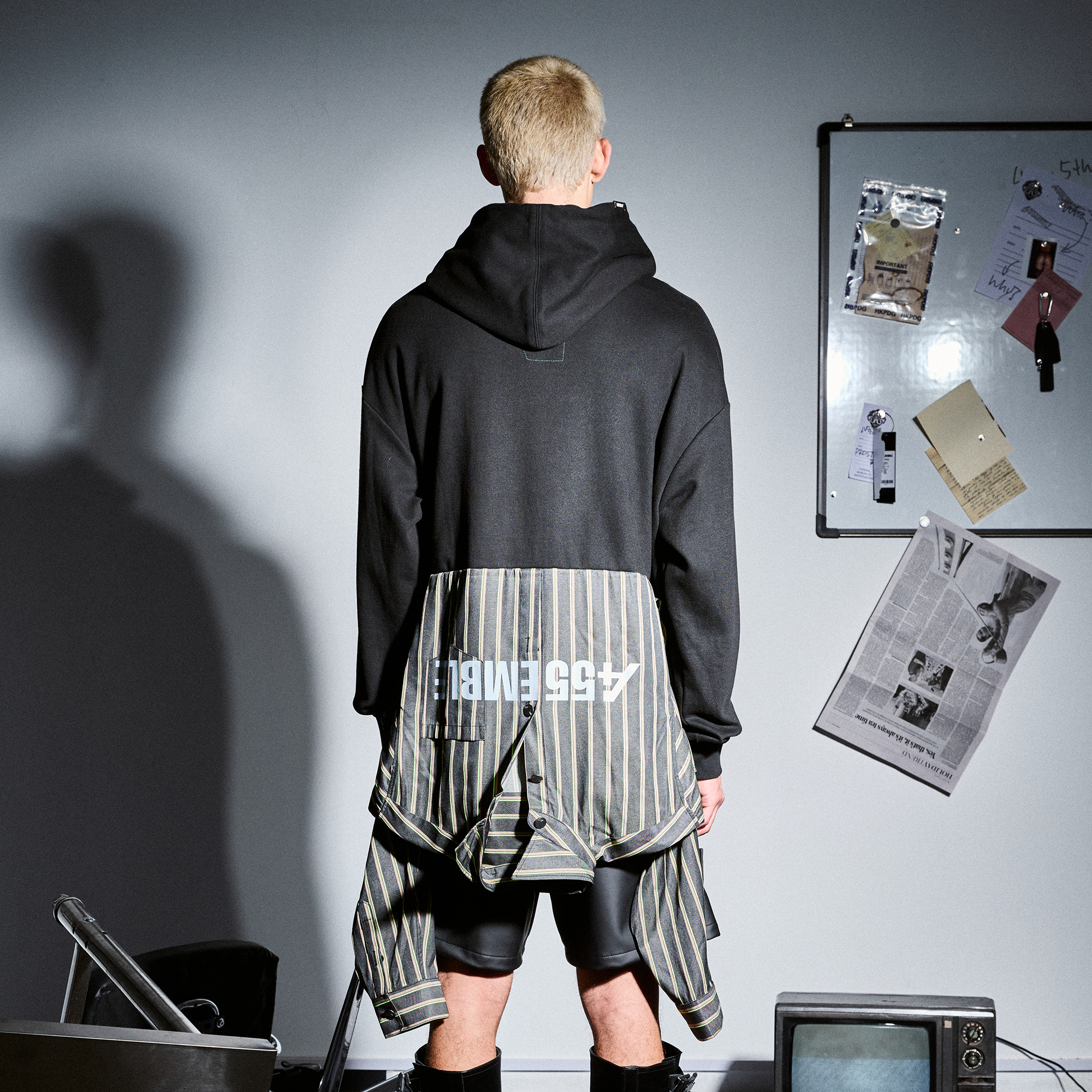 455EMBLE Deconstructed Layered Stripes Shirt-Paneled Hoodie