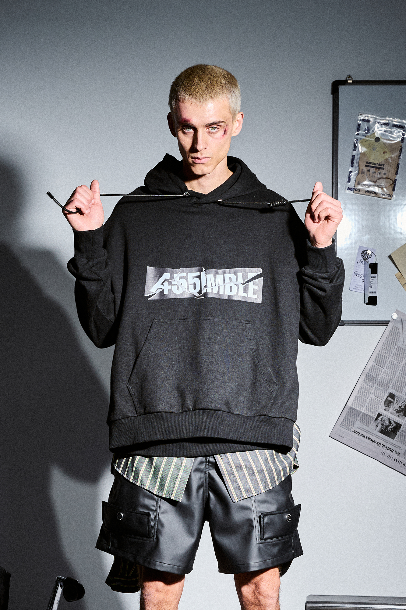 455EMBLE Deconstructed Layered Stripes Shirt-Paneled Hoodie