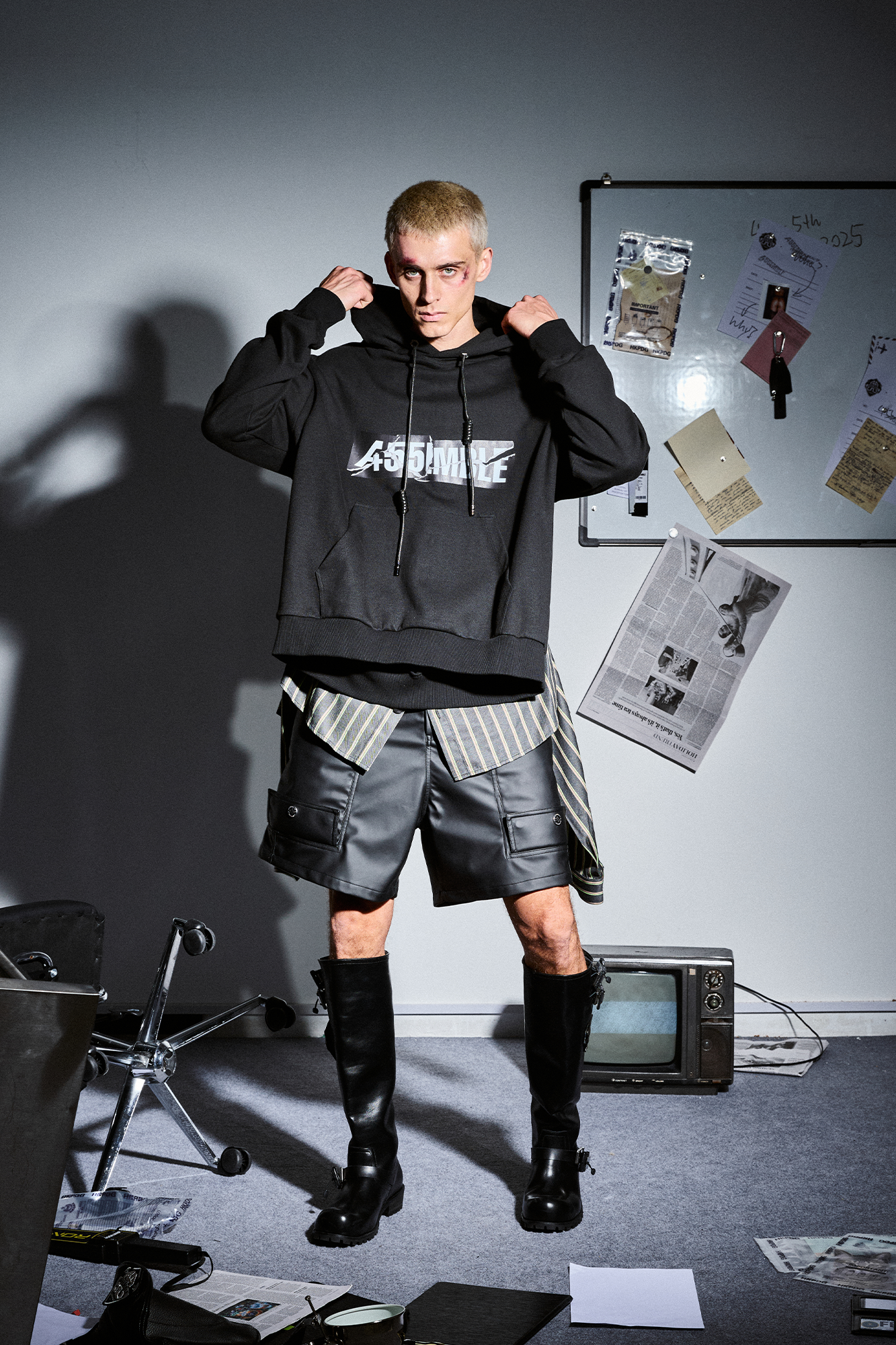 455EMBLE Deconstructed Layered Stripes Shirt-Paneled Hoodie