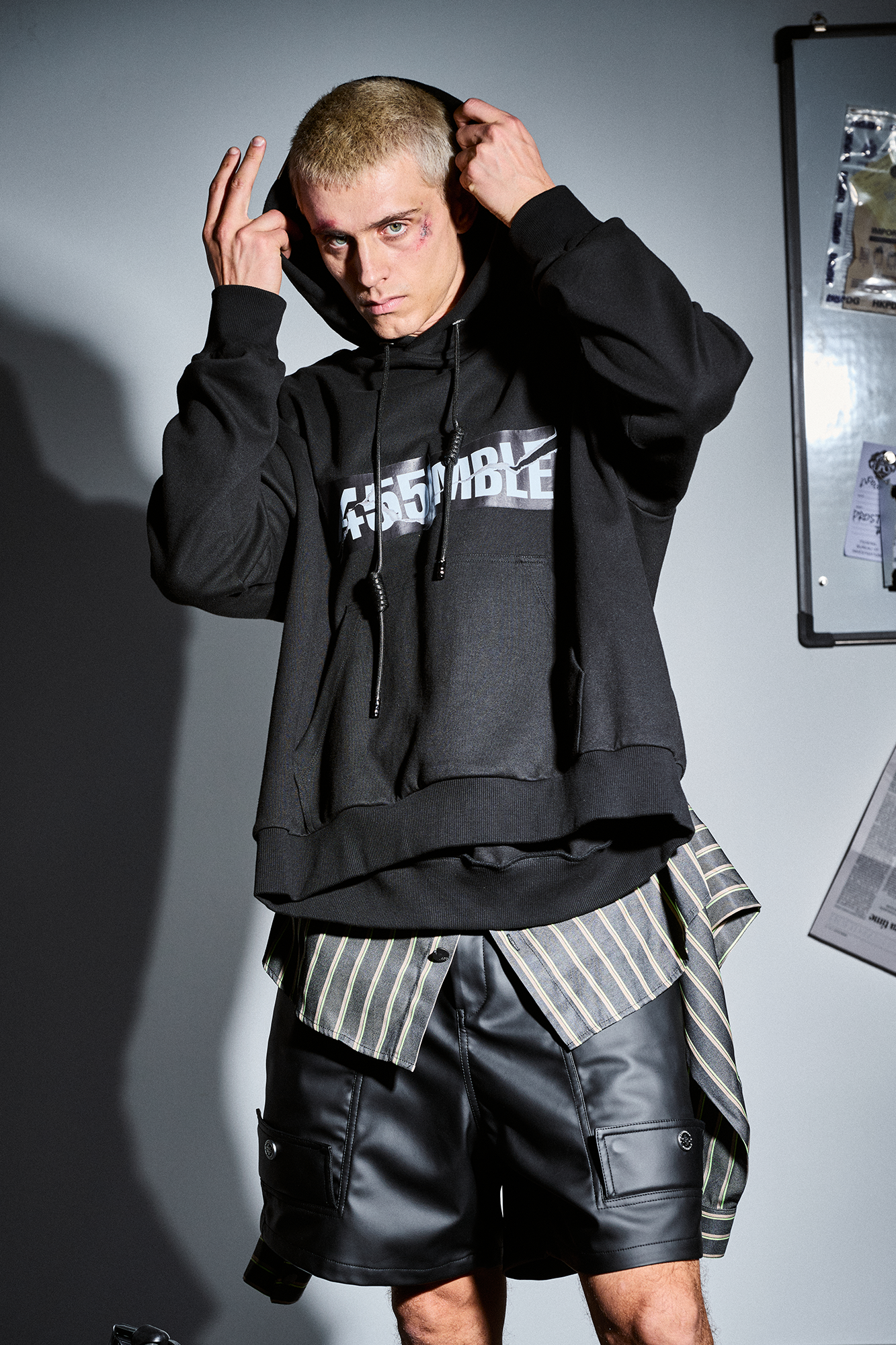 455EMBLE Deconstructed Layered Stripes Shirt-Paneled Hoodie