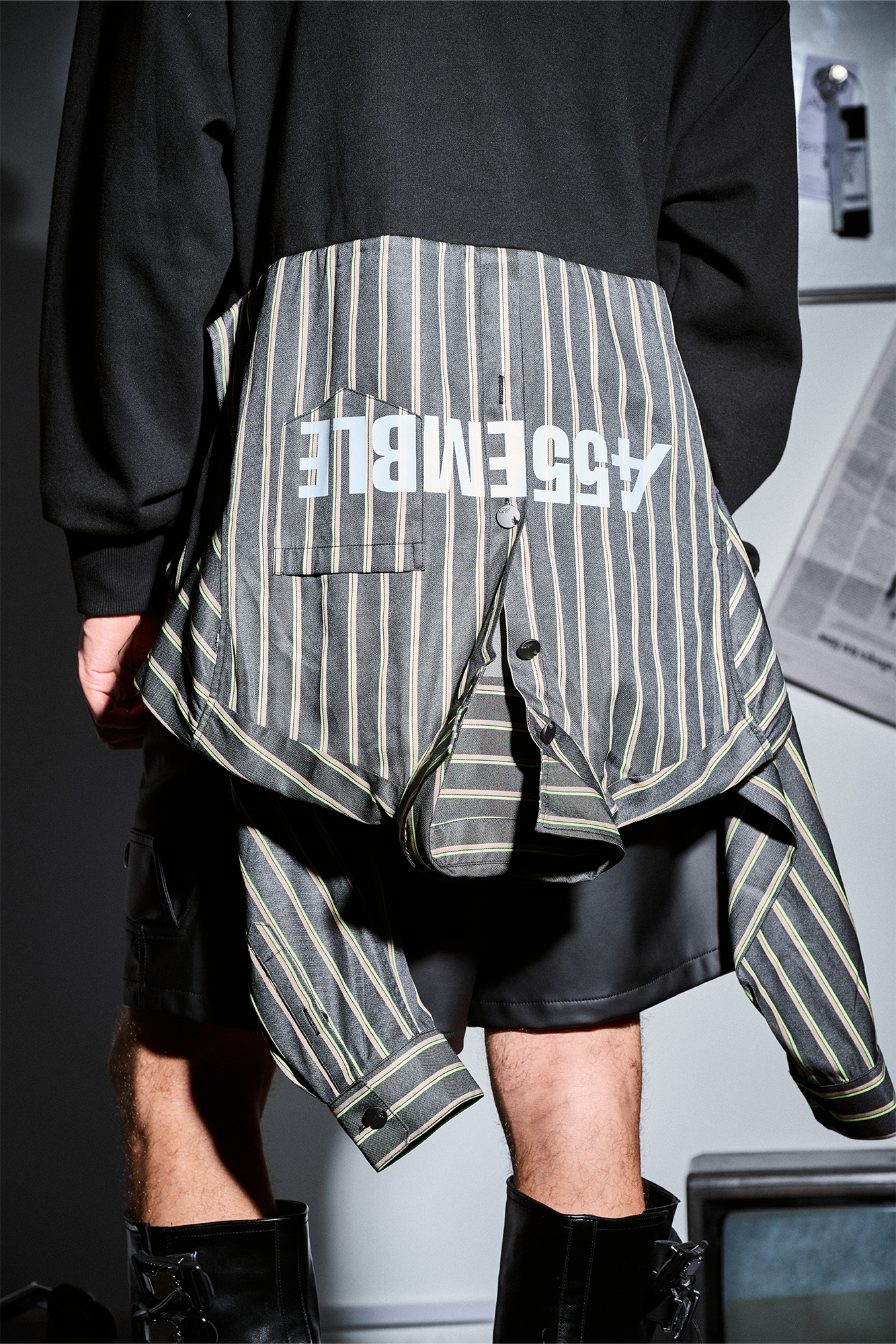 455EMBLE Deconstructed Layered Stripes Shirt-Paneled Hoodie