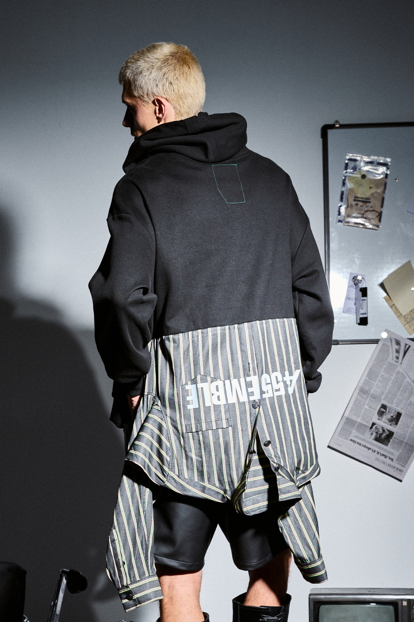 455EMBLE Deconstructed Layered Stripes Shirt-Paneled Hoodie