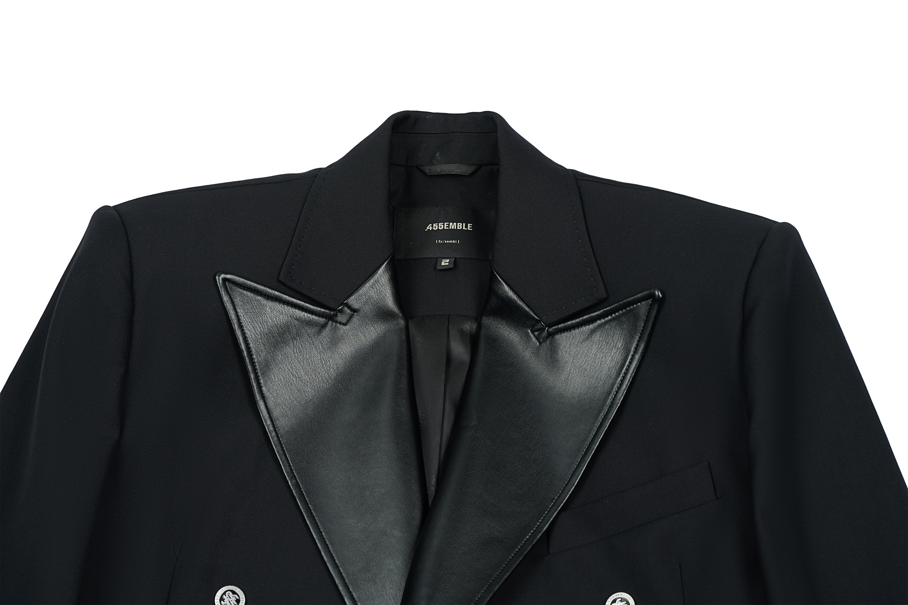 455EMBLE Paneled PU Lapel Waist-Cinched Blazer