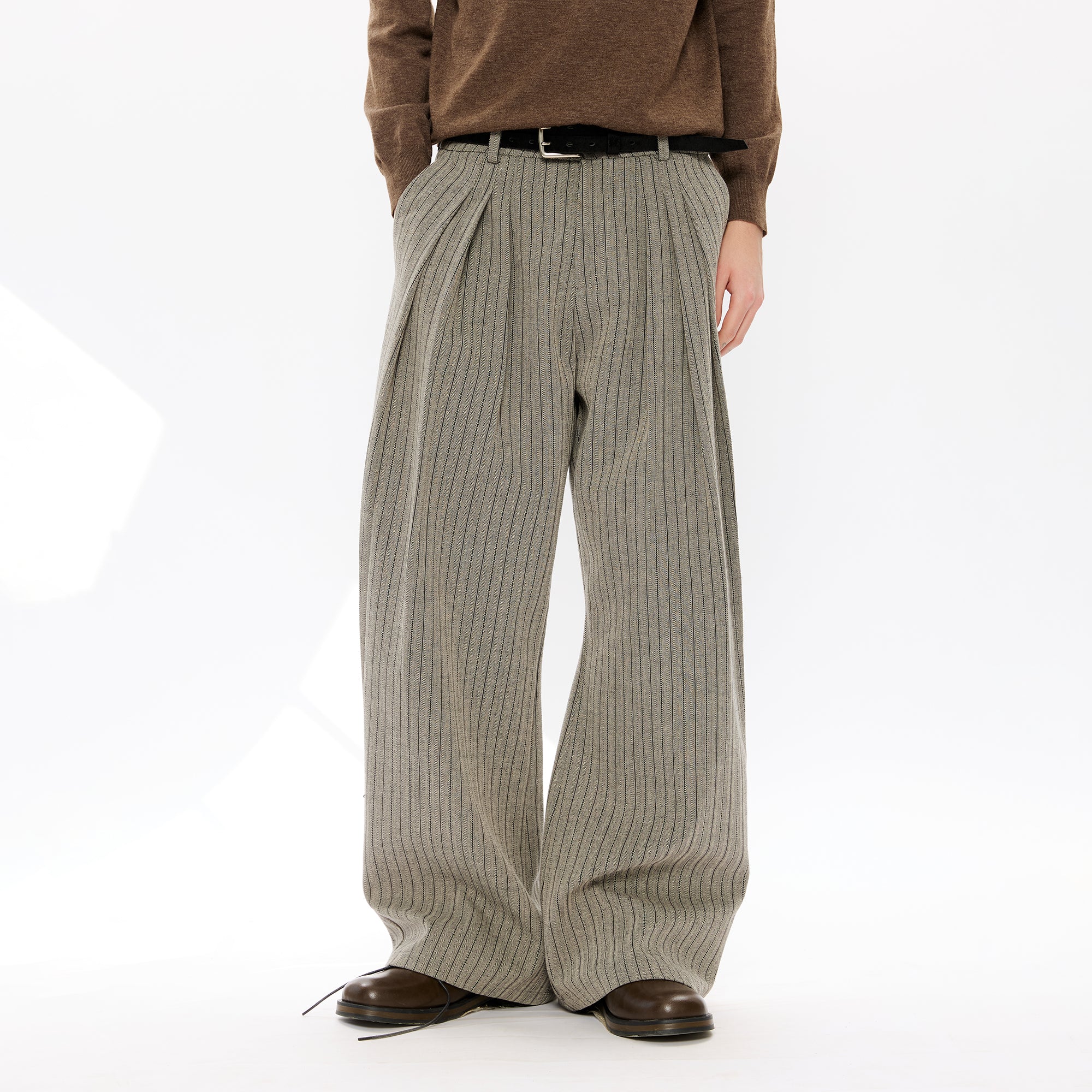KREATE Pinstripe Pleated Draped Wide Trousers, premium urban and streetwear designers apparel on PROJECTISR.com, KREATE