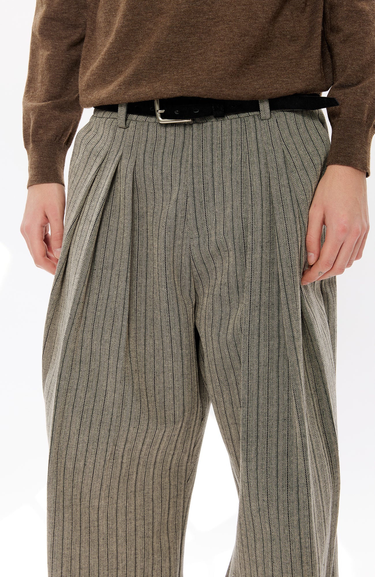 KREATE Pinstripe Pleated Draped Wide Trousers, premium urban and streetwear designers apparel on PROJECTISR.com, KREATE