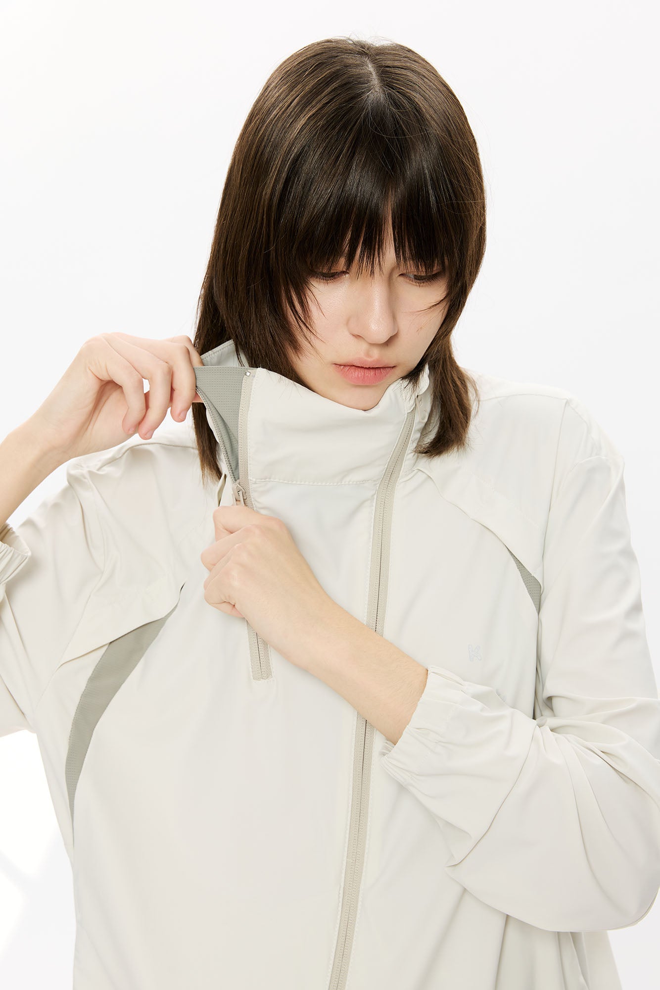 KREATE Asymmetrical Double-Zip High-Neck Hooded Jacket